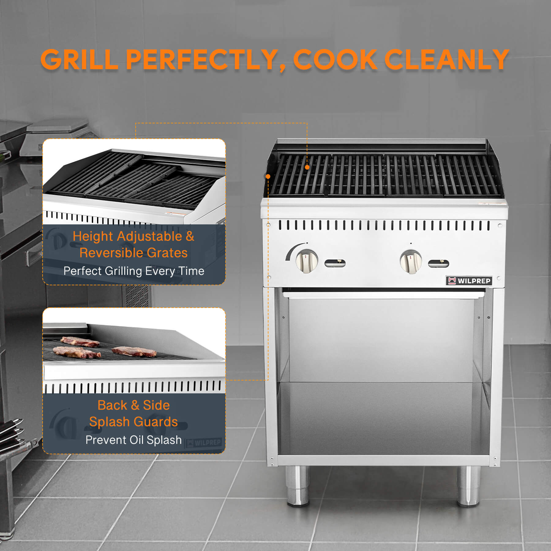A 24-inch Wilprep comercial natural gas charbroiler with two burners, reversible grates, and a storage base beneath, presented in a stainless steel finish.