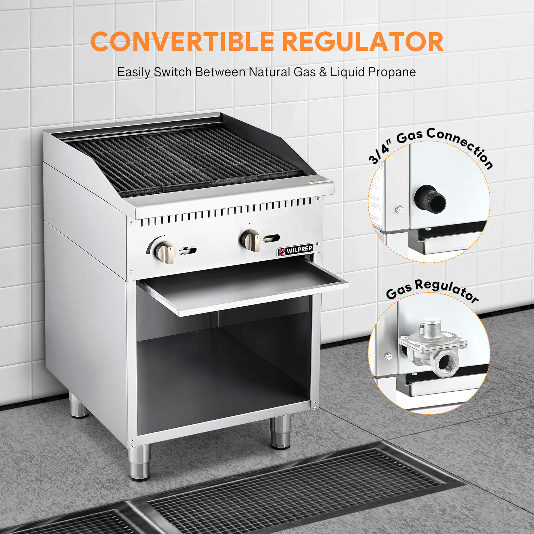 A 24-inch Wilprep comercial natural gas charbroiler with two burners, reversible grates, and a storage base beneath, presented in a stainless steel finish.
