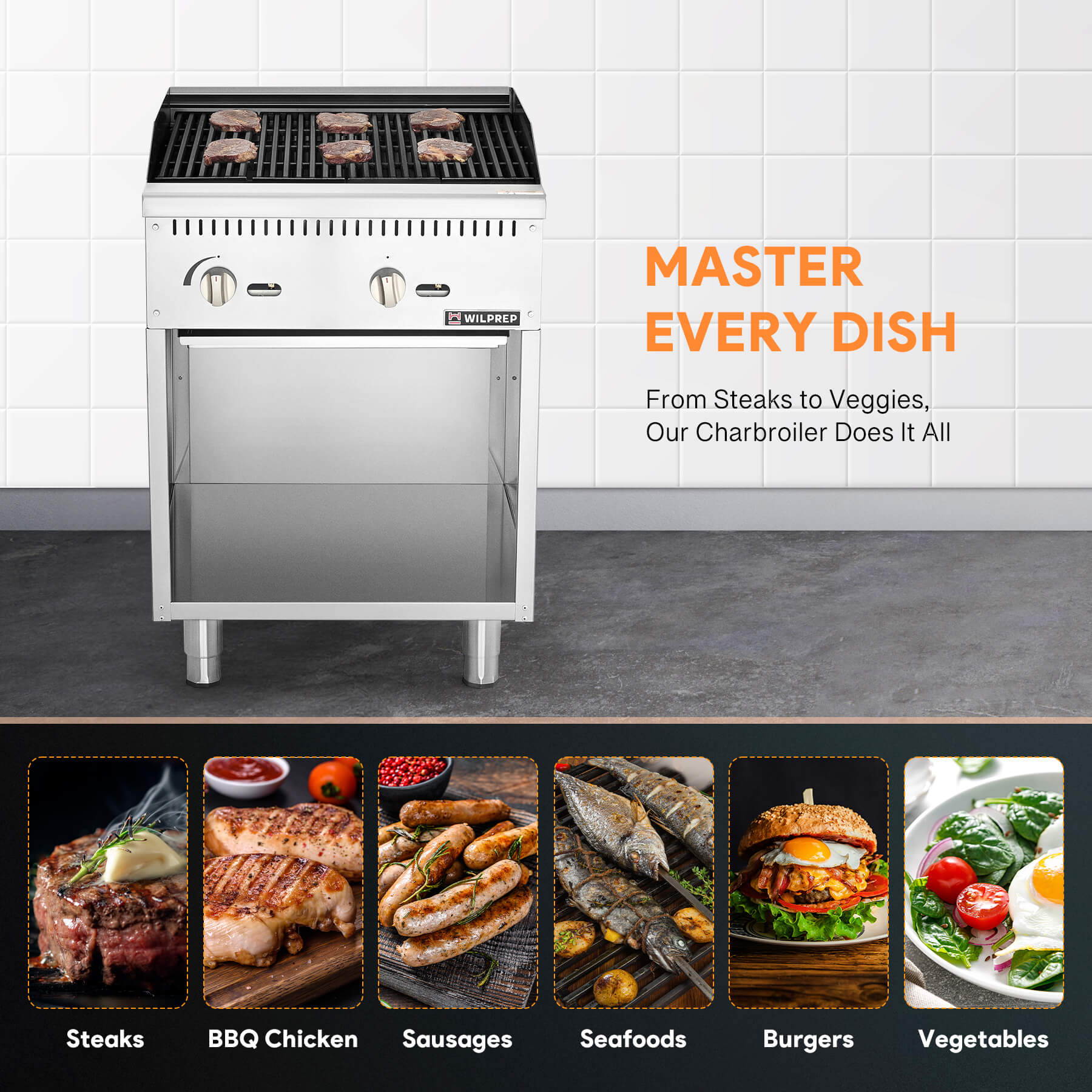 A 24-inch Wilprep comercial natural gas charbroiler with two burners, reversible grates, and a storage base beneath, presented in a stainless steel finish.