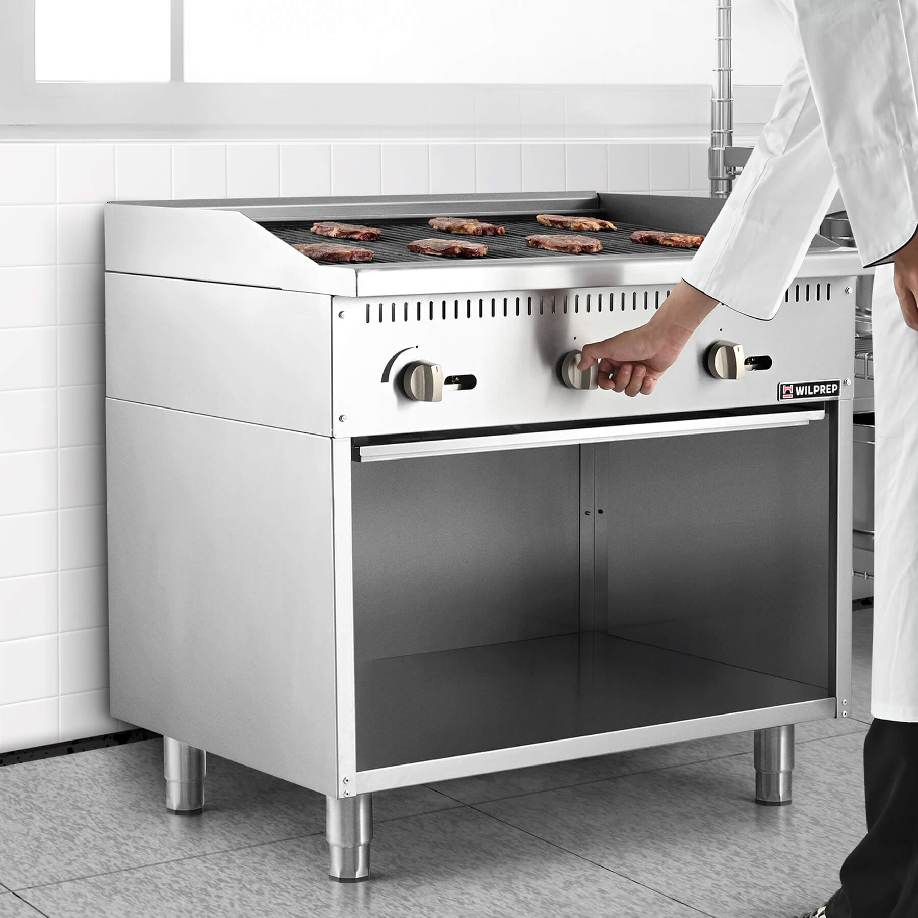 A 36-inch Wilprep charbroiler with three burners and a storage base, featuring stainless steel construction with a black handle and control 