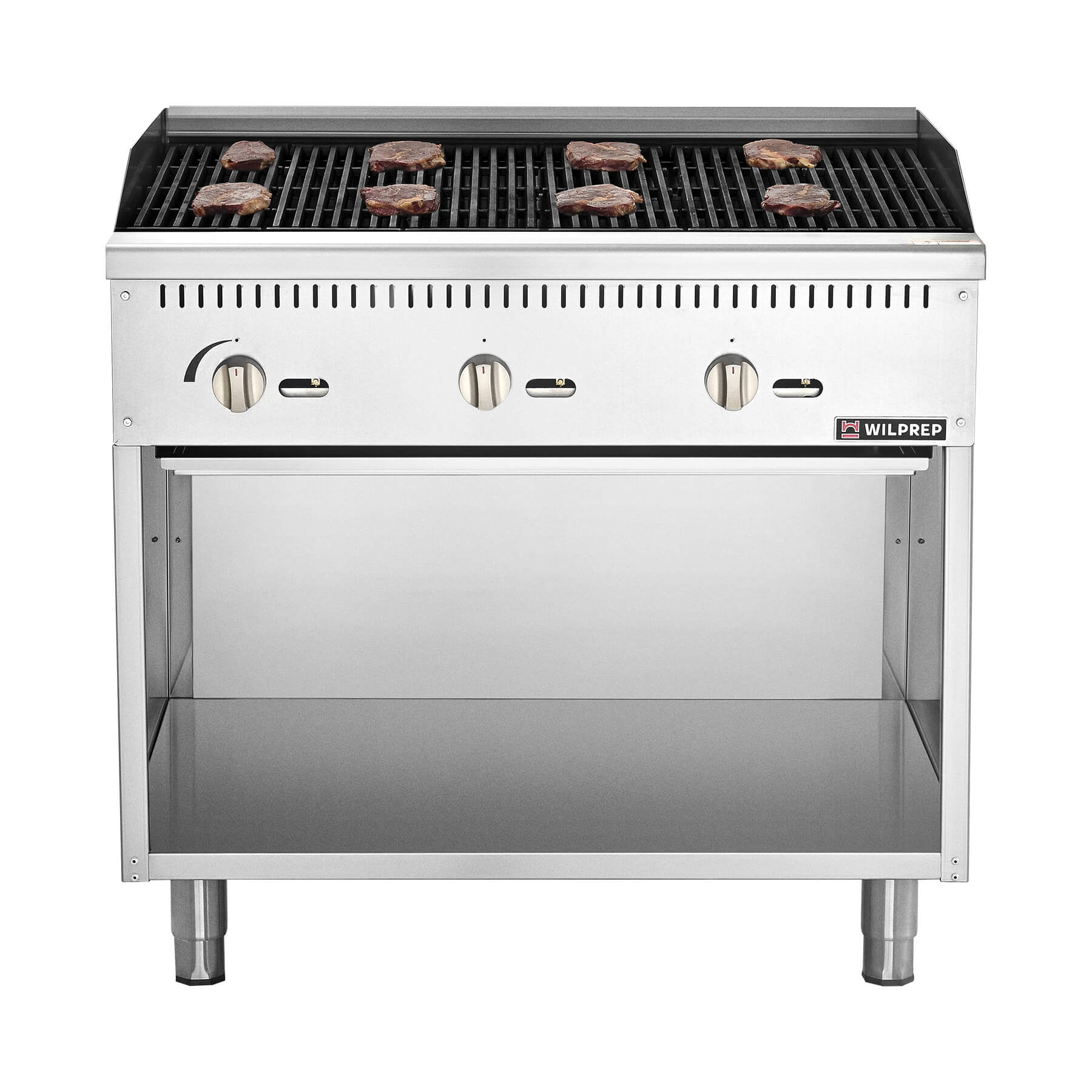 A 36-inch Wilprep charbroiler with three burners and a storage base, featuring stainless steel construction with a black handle and control knobs.