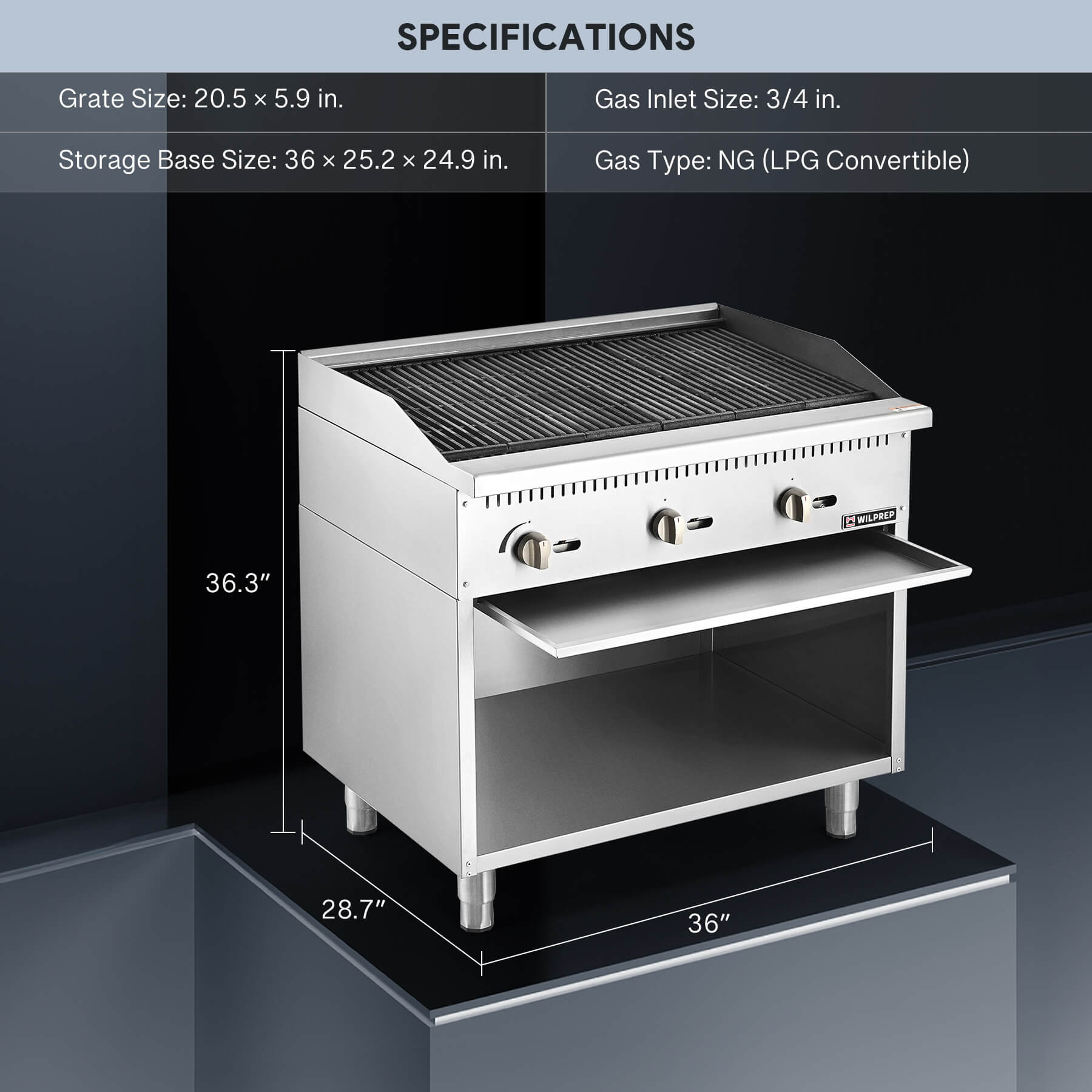 A 36-inch Wilprep charbroiler with three burners and a storage base, featuring stainless steel construction with a black handle and control 