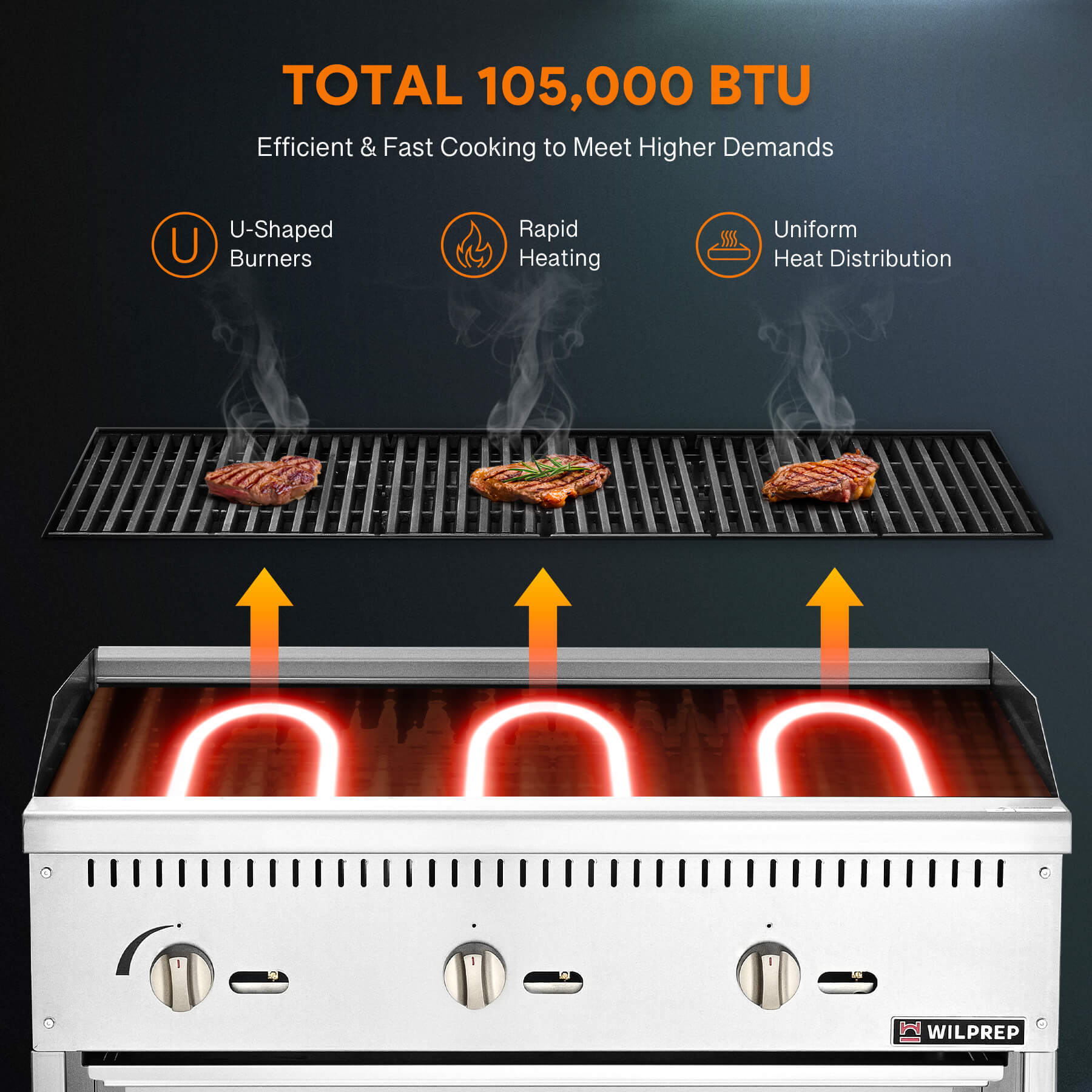 A 36-inch Wilprep charbroiler with three burners and a storage base, featuring stainless steel construction with a black handle and control 