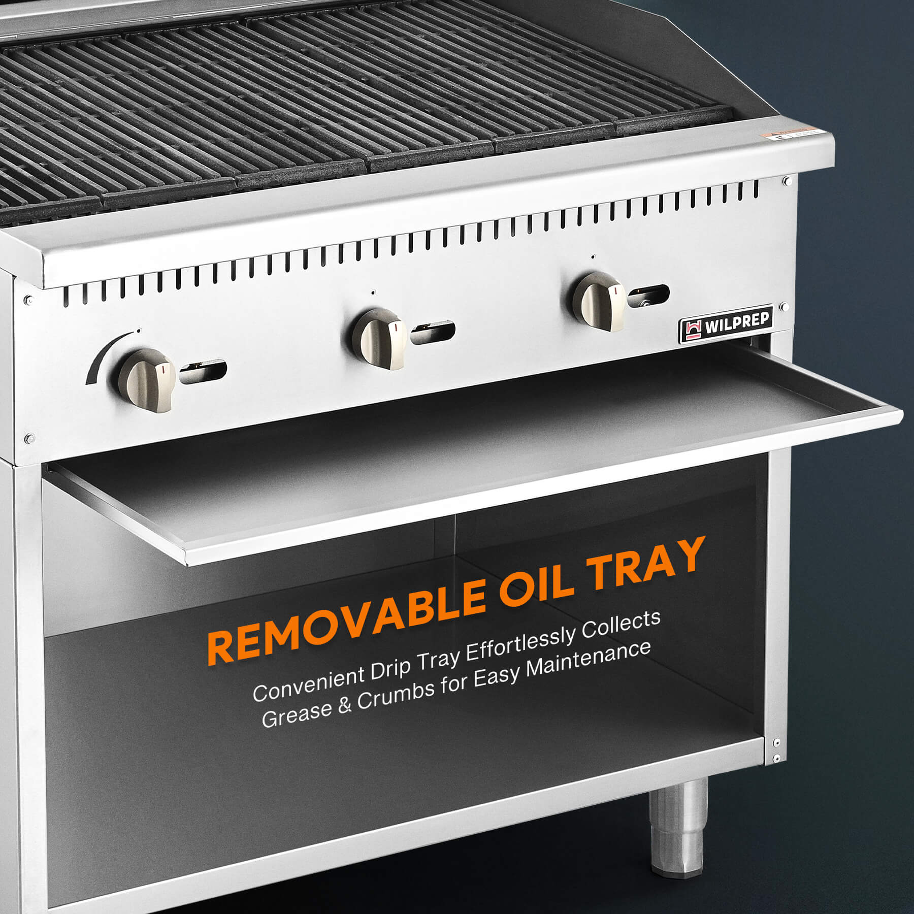 A 36-inch Wilprep charbroiler with three burners and a storage base, featuring stainless steel construction with a black handle and control 