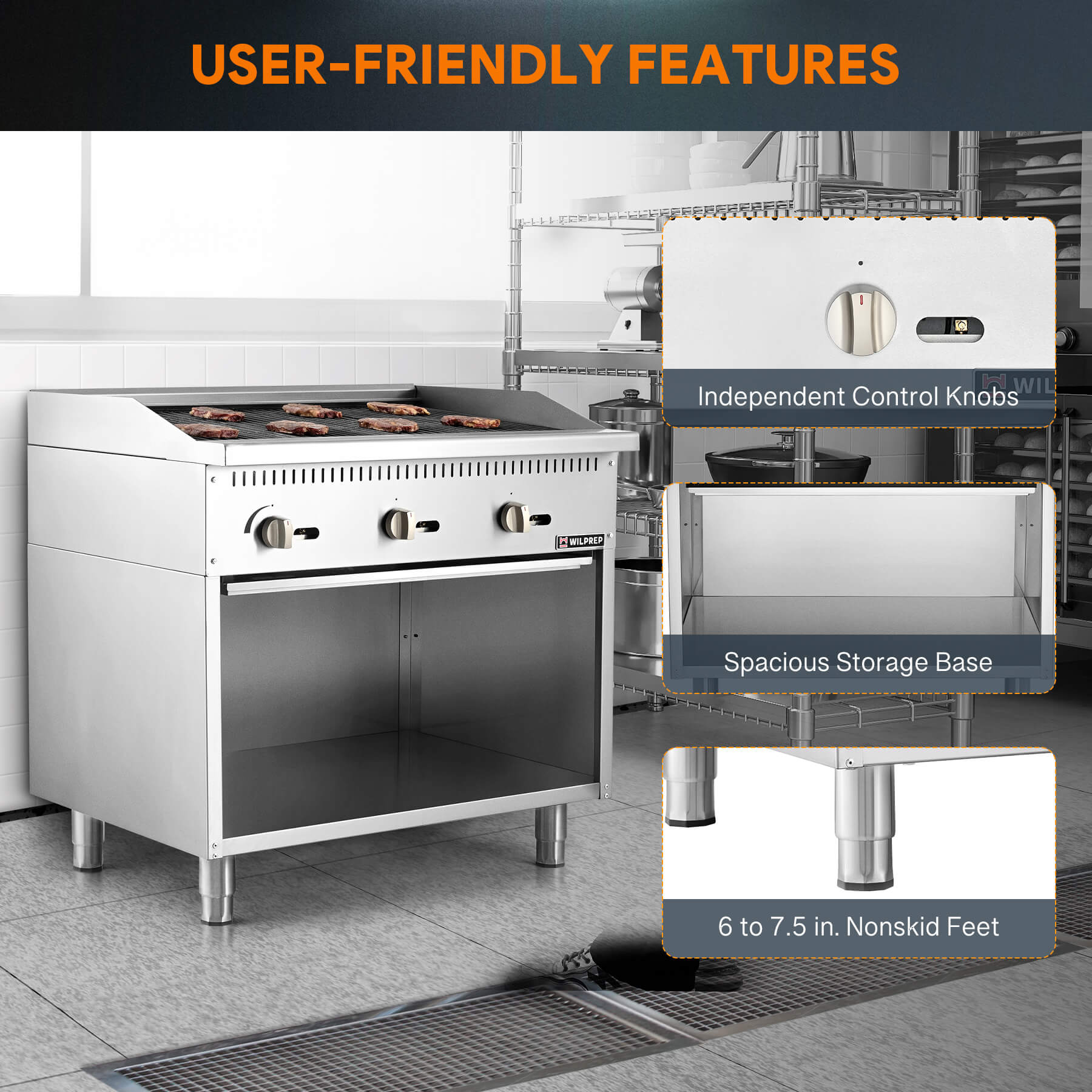 A 36-inch Wilprep charbroiler with three burners and a storage base, featuring stainless steel construction with a black handle and control 