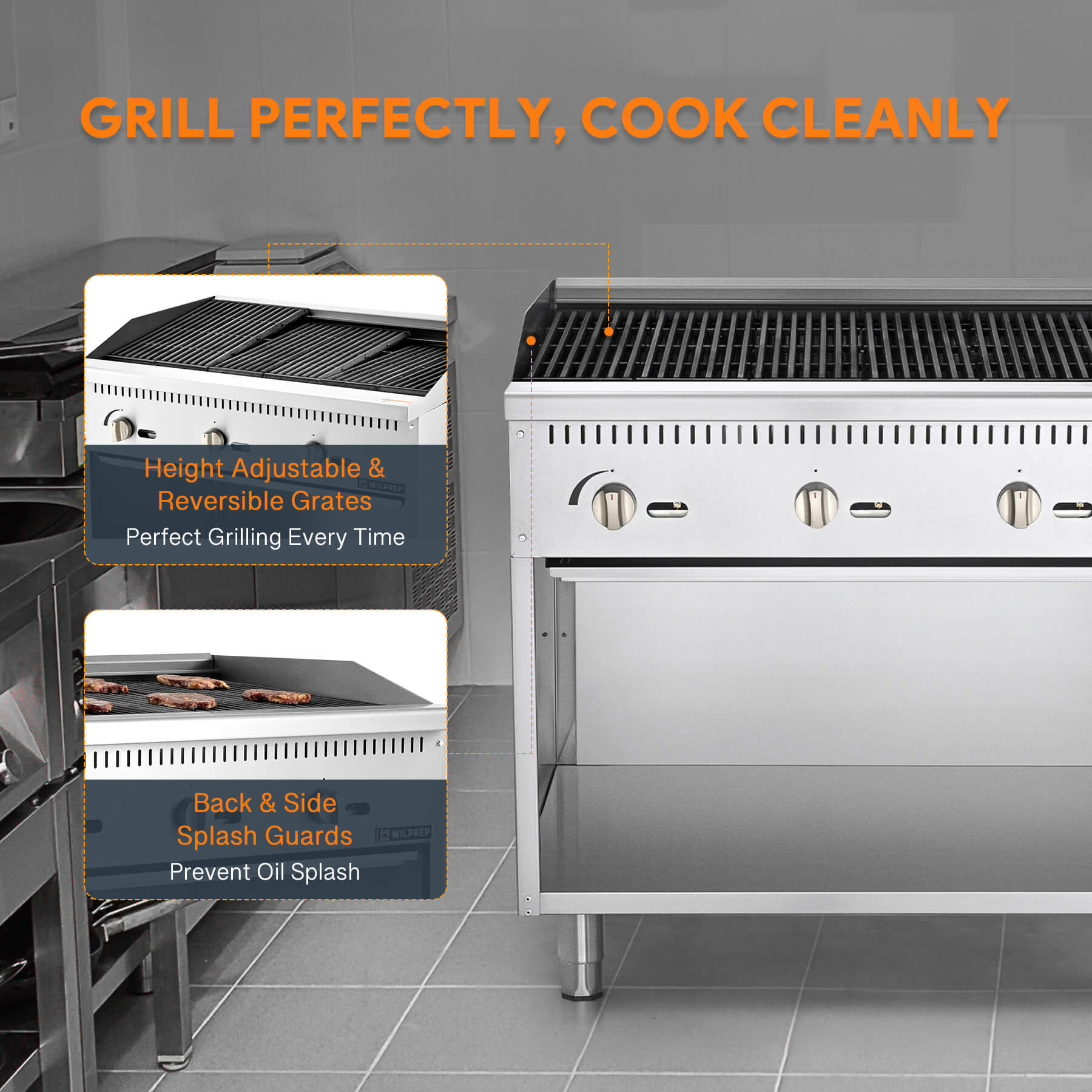 A 36-inch Wilprep charbroiler with three burners and a storage base, featuring stainless steel construction with a black handle and control 