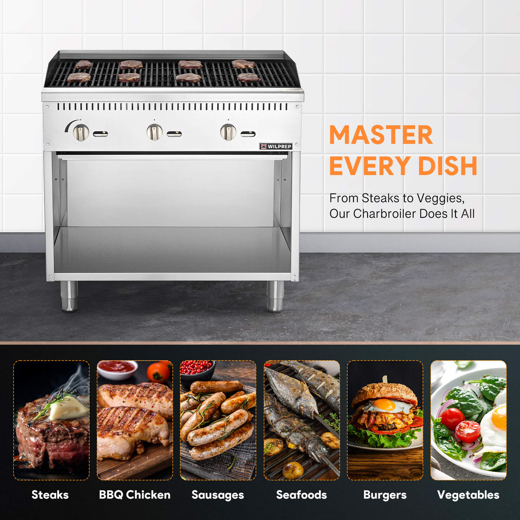 A 36-inch Wilprep charbroiler with three burners and a storage base, featuring stainless steel construction with a black handle and control 