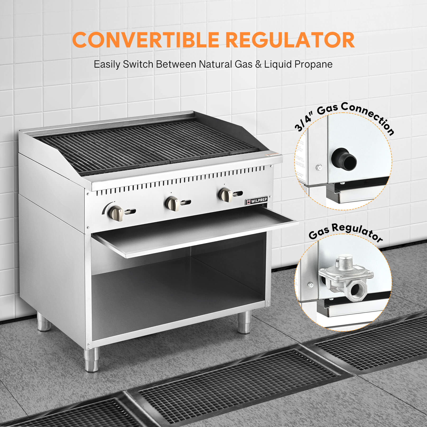 A 36-inch Wilprep charbroiler with three burners and a storage base, featuring stainless steel construction with a black handle and control 