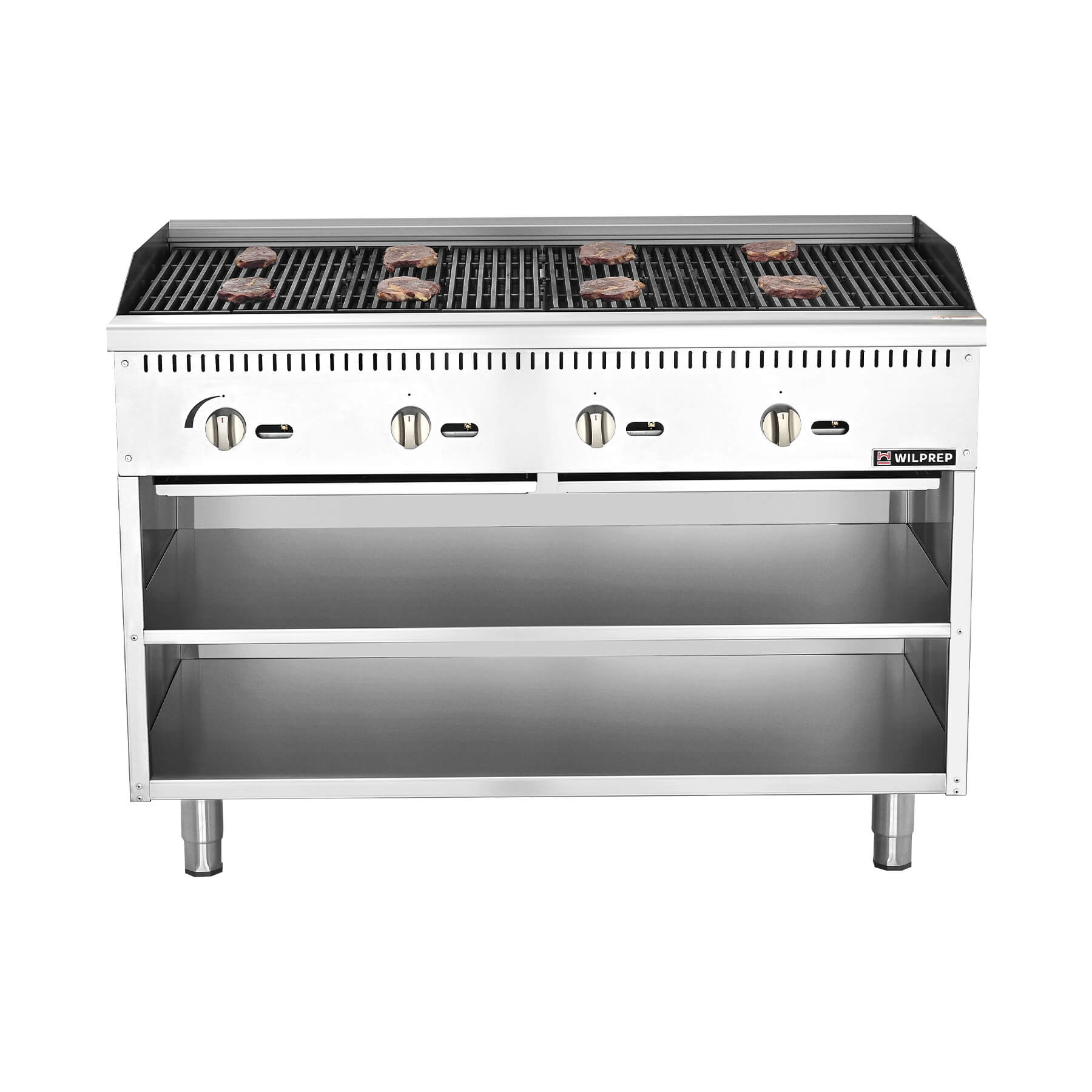 A 48-inch Wilprep charbroiler with four burners and a storage base, featuring stainless steel construction.