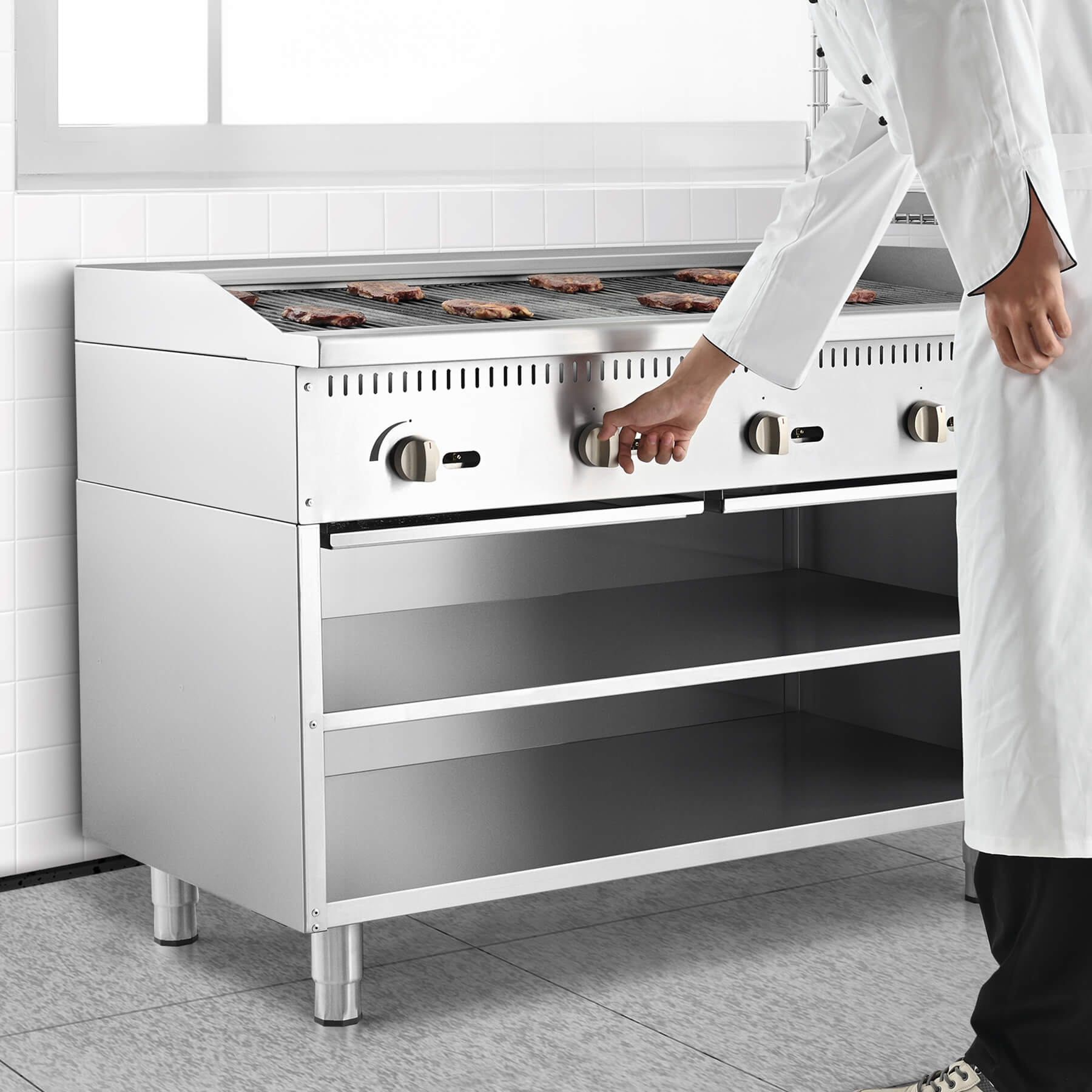 A 48-inch Wilprep charbroiler with four burners and a storage base, featuring stainless steel construction.