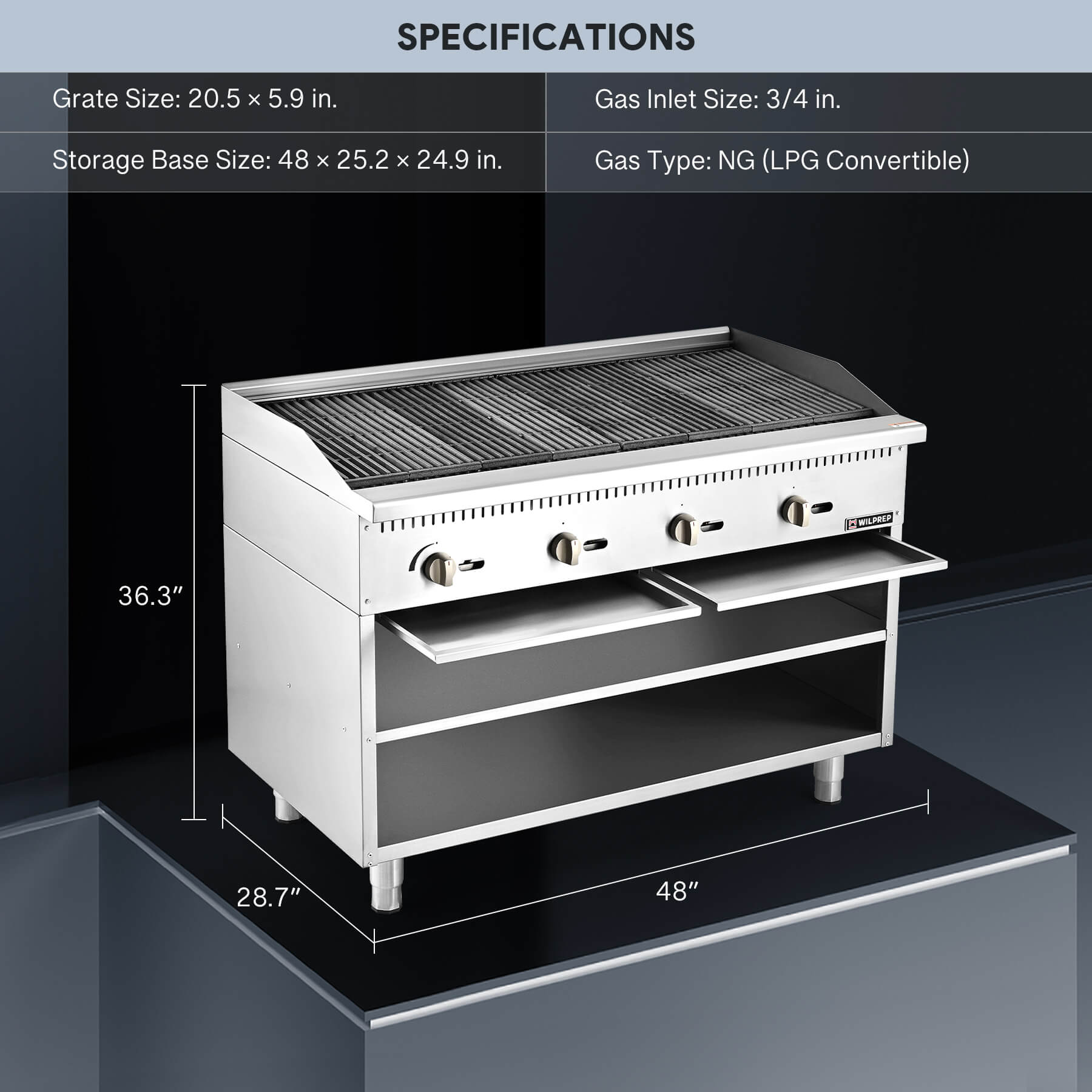 A 48-inch Wilprep charbroiler with four burners and a storage base, featuring stainless steel construction.