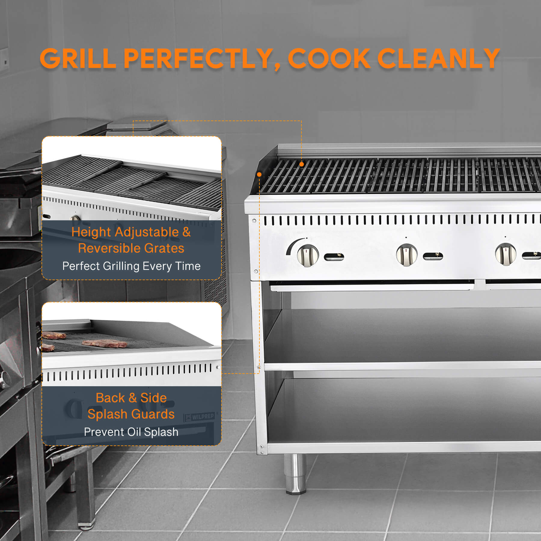 A 48-inch Wilprep charbroiler with four burners and a storage base, featuring stainless steel construction.
