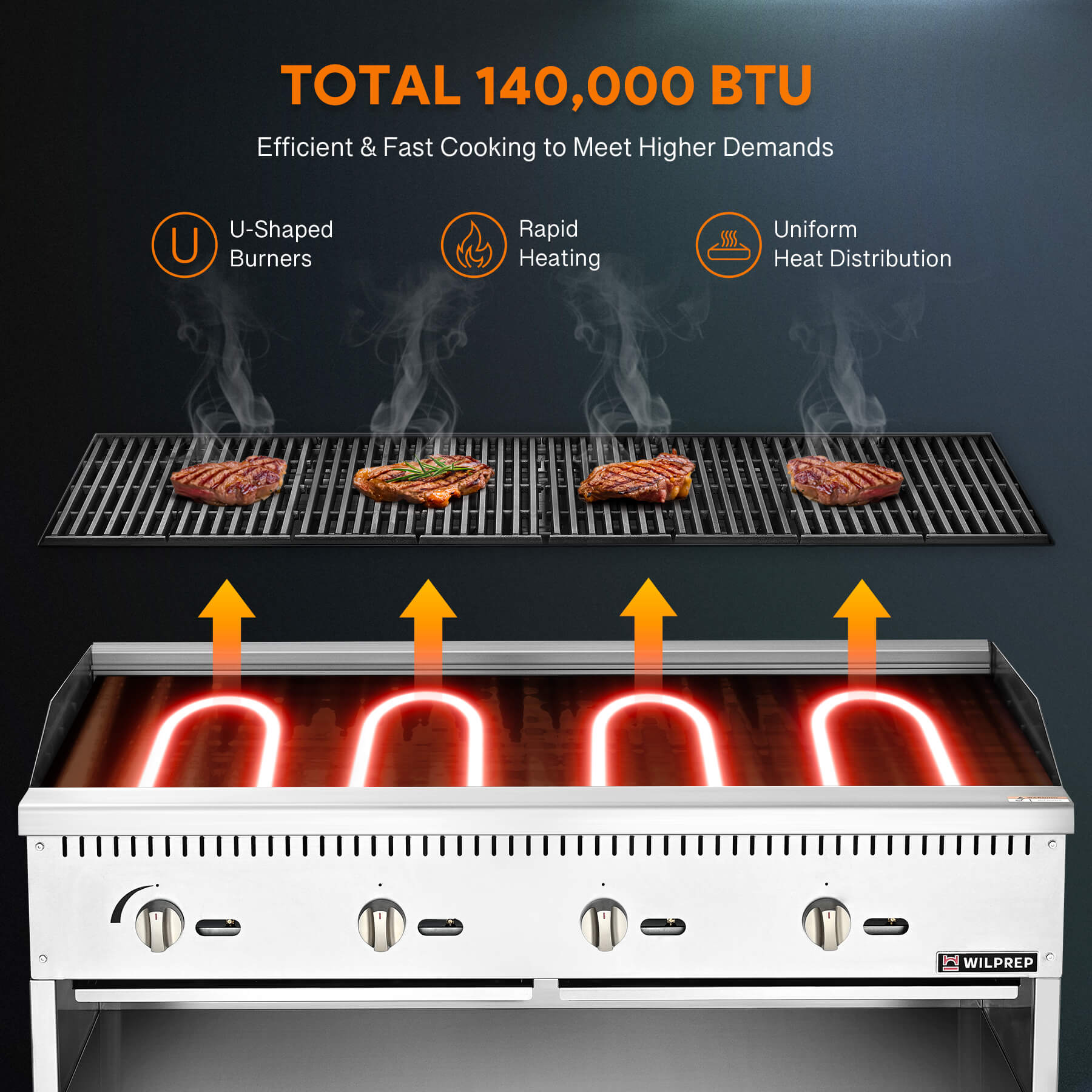 A 48-inch Wilprep charbroiler with four burners and a storage base, featuring stainless steel construction.