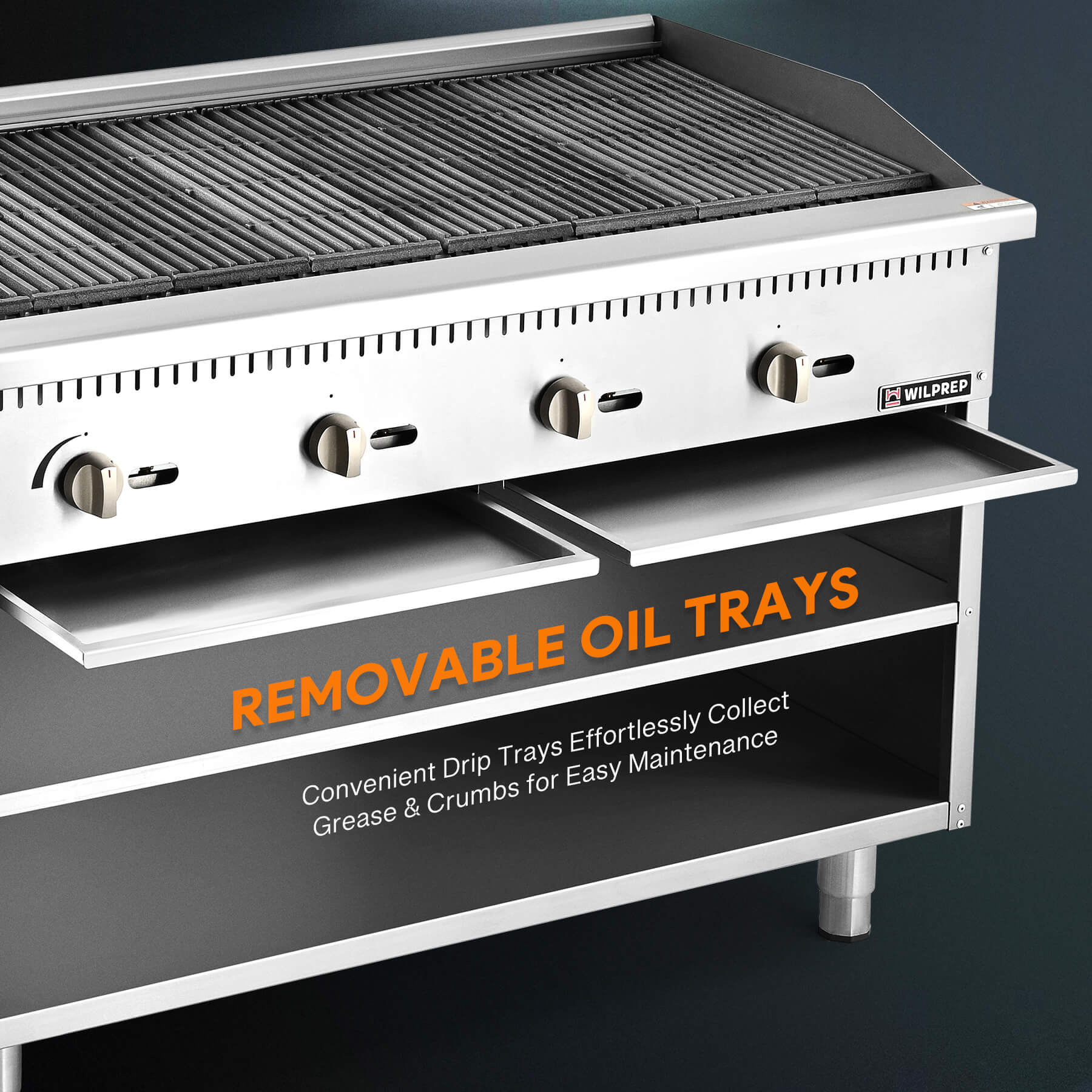 A 48-inch Wilprep charbroiler with four burners and a storage base, featuring stainless steel construction.