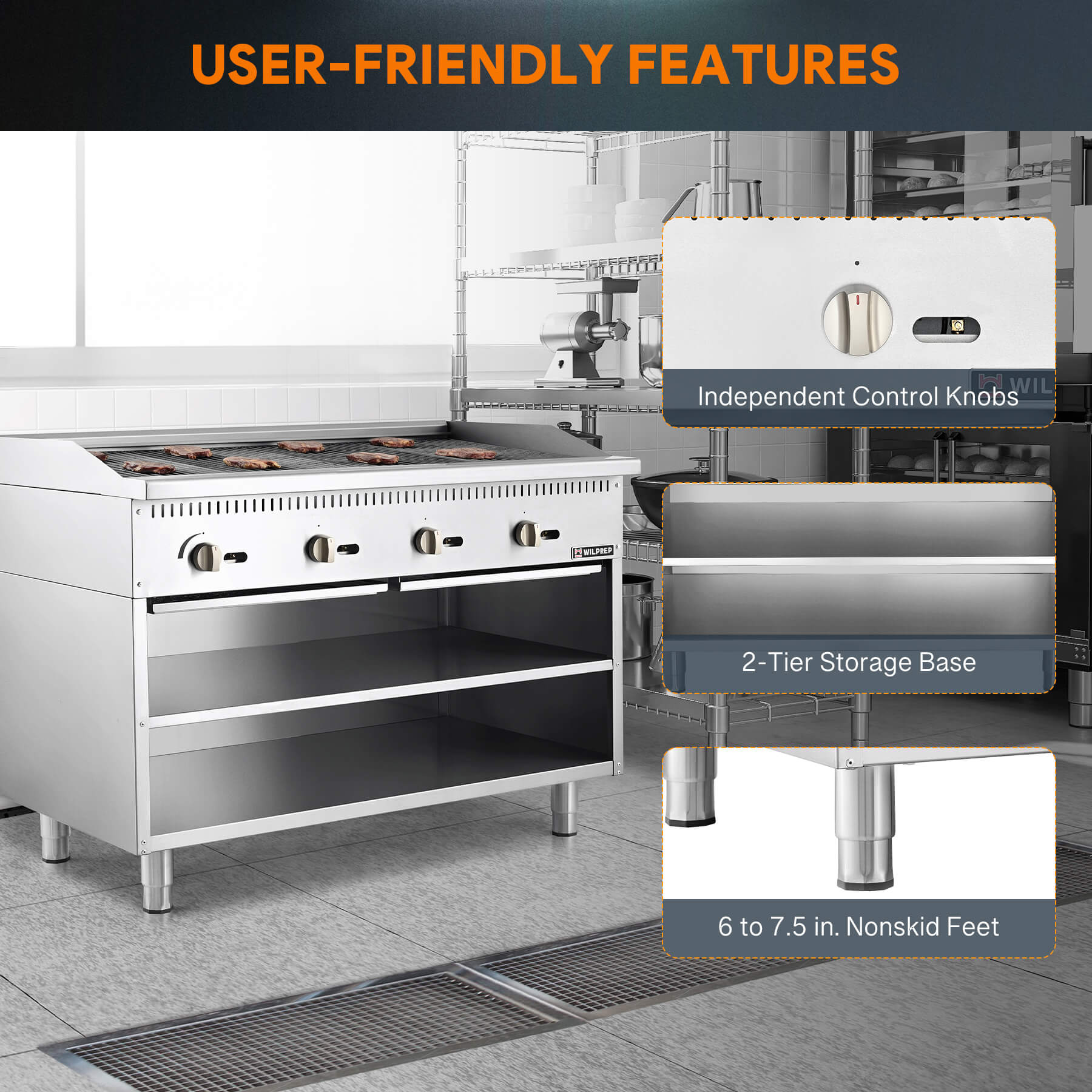 A 48-inch Wilprep charbroiler with four burners and a storage base, featuring stainless steel construction.