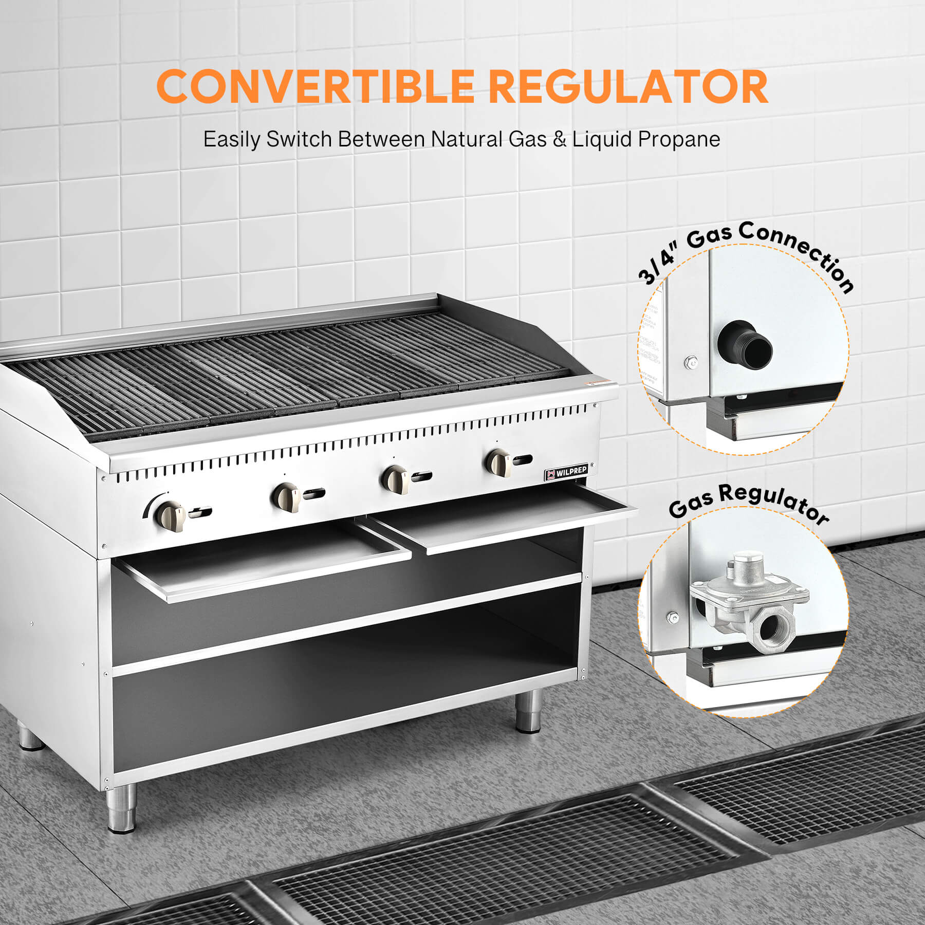 A 48-inch Wilprep charbroiler with four burners and a storage base, featuring stainless steel construction.