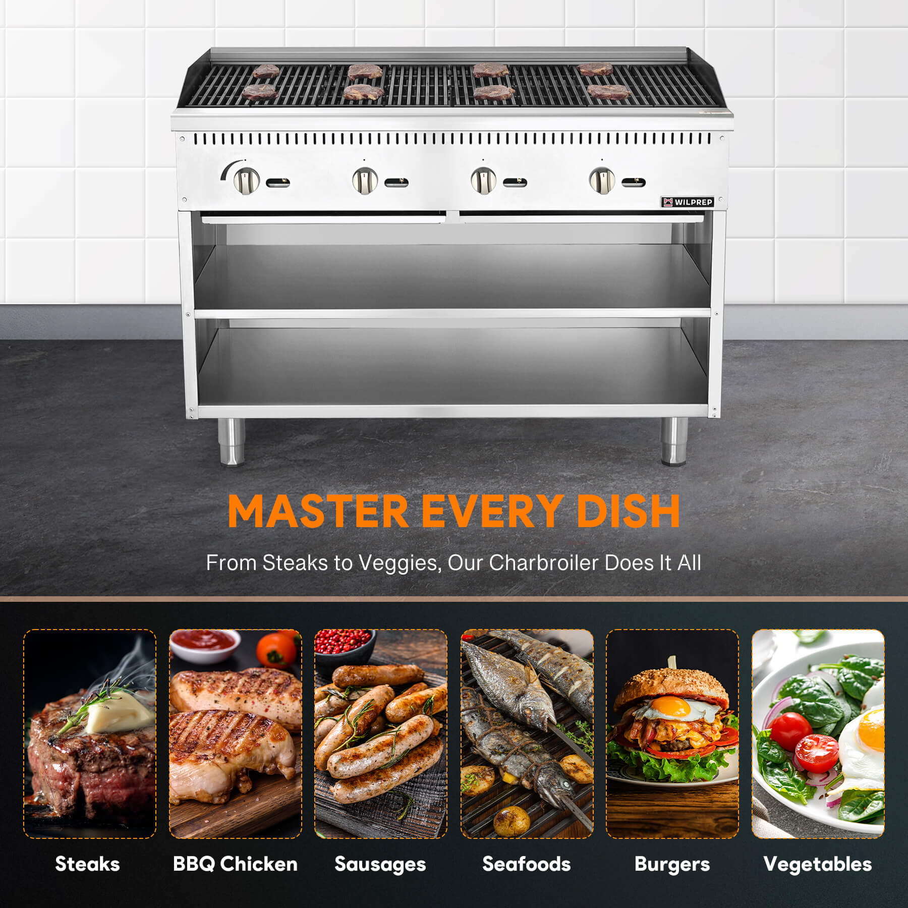 A 48-inch Wilprep charbroiler with four burners and a storage base, featuring stainless steel construction.