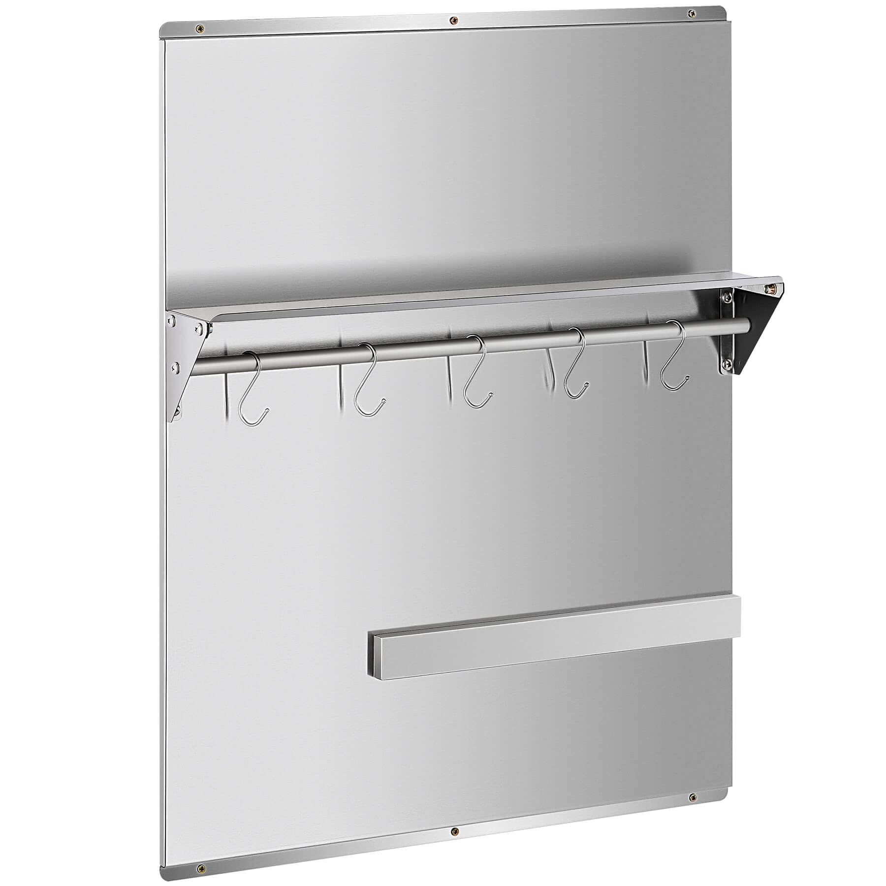 A 24x30 stainless steel backsplash with a magnetic knife rack and storage shelf, mounted on a wall.