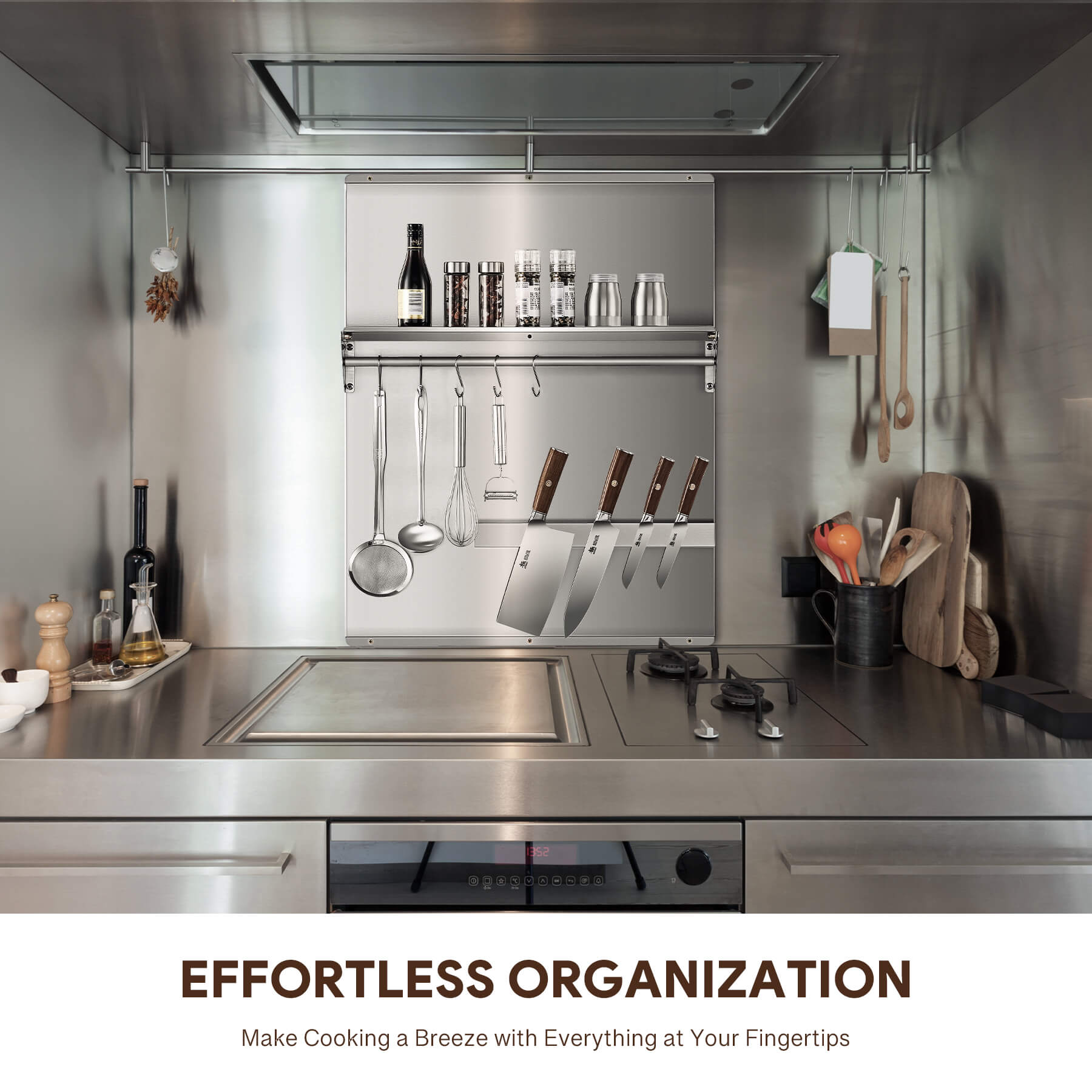 A 24x30 stainless steel backsplash with a magnetic knife rack and storage shelf, mounted on a wall.