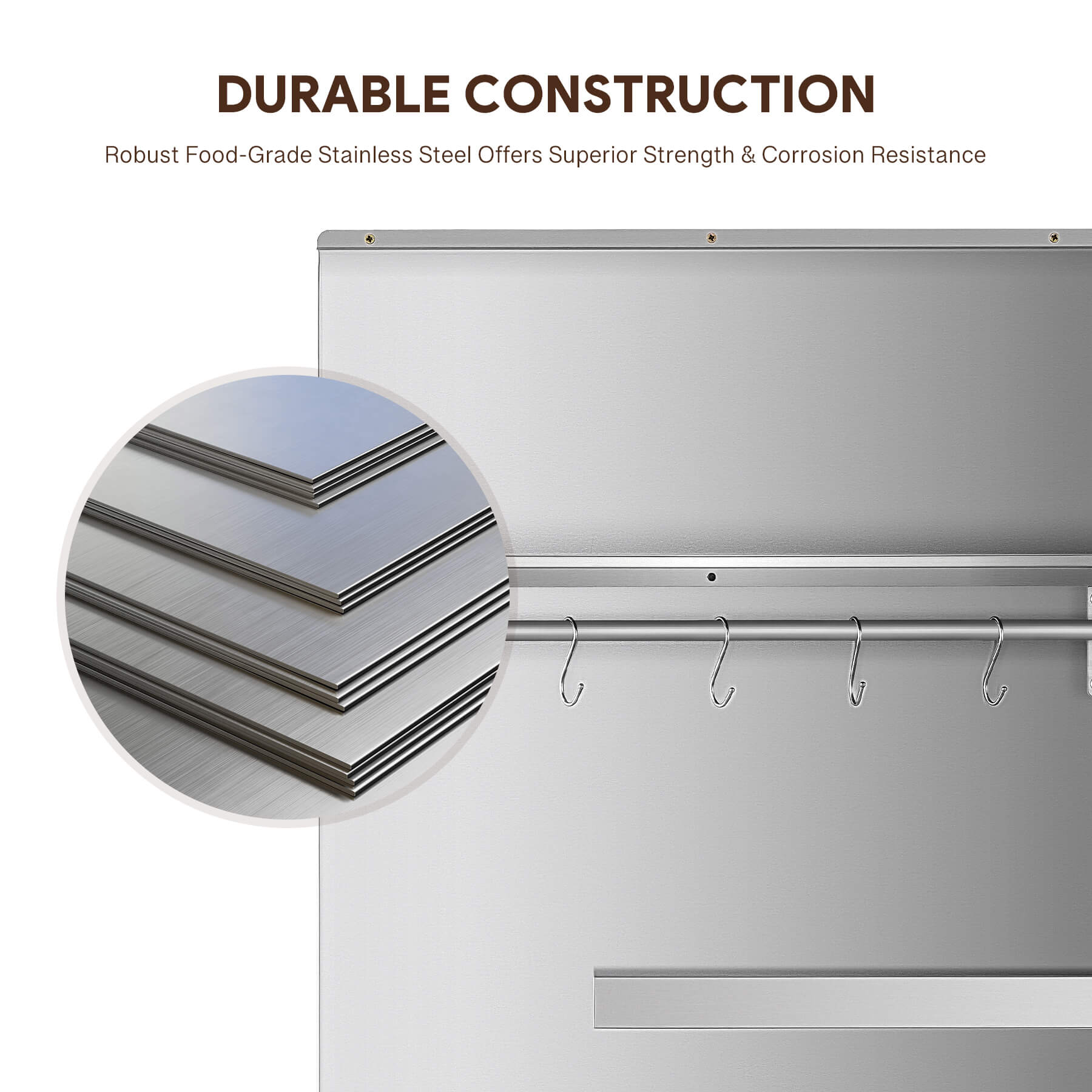 A 24x30 stainless steel backsplash with a magnetic knife rack and storage shelf, mounted on a wall.
