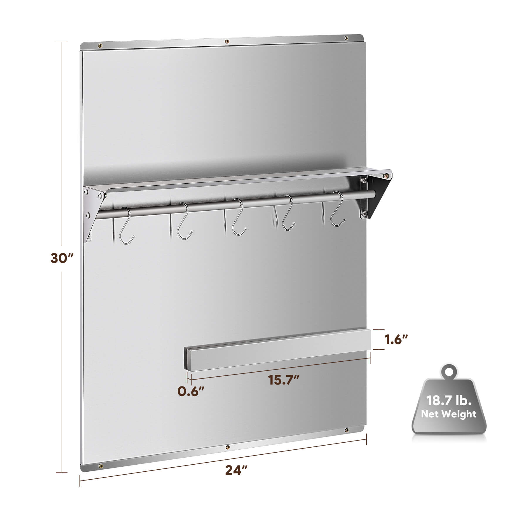 A 24x30 stainless steel backsplash with a magnetic knife rack and storage shelf, mounted on a wall.