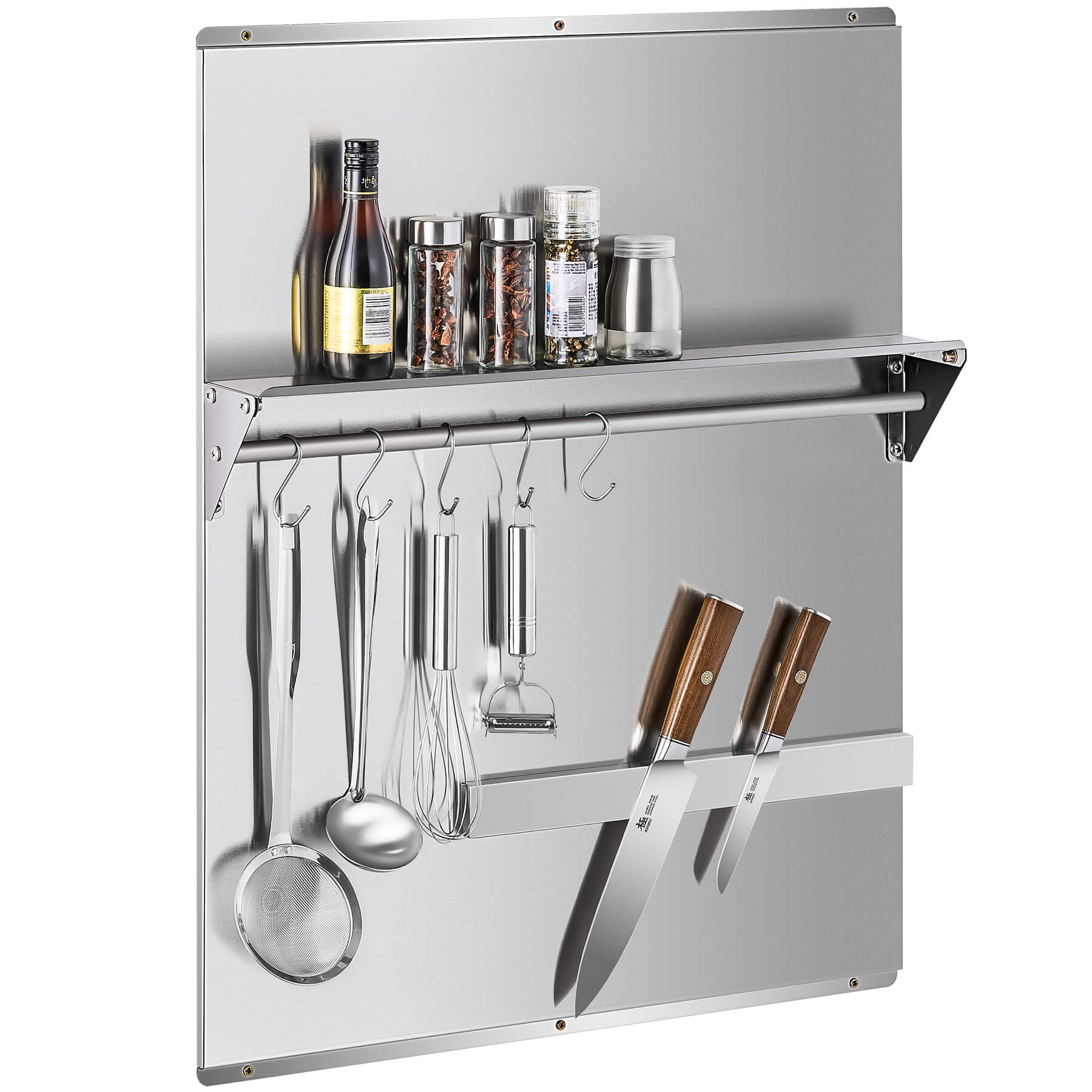 A 24x30 stainless steel backsplash with a magnetic knife rack and storage shelf, mounted on a wall.