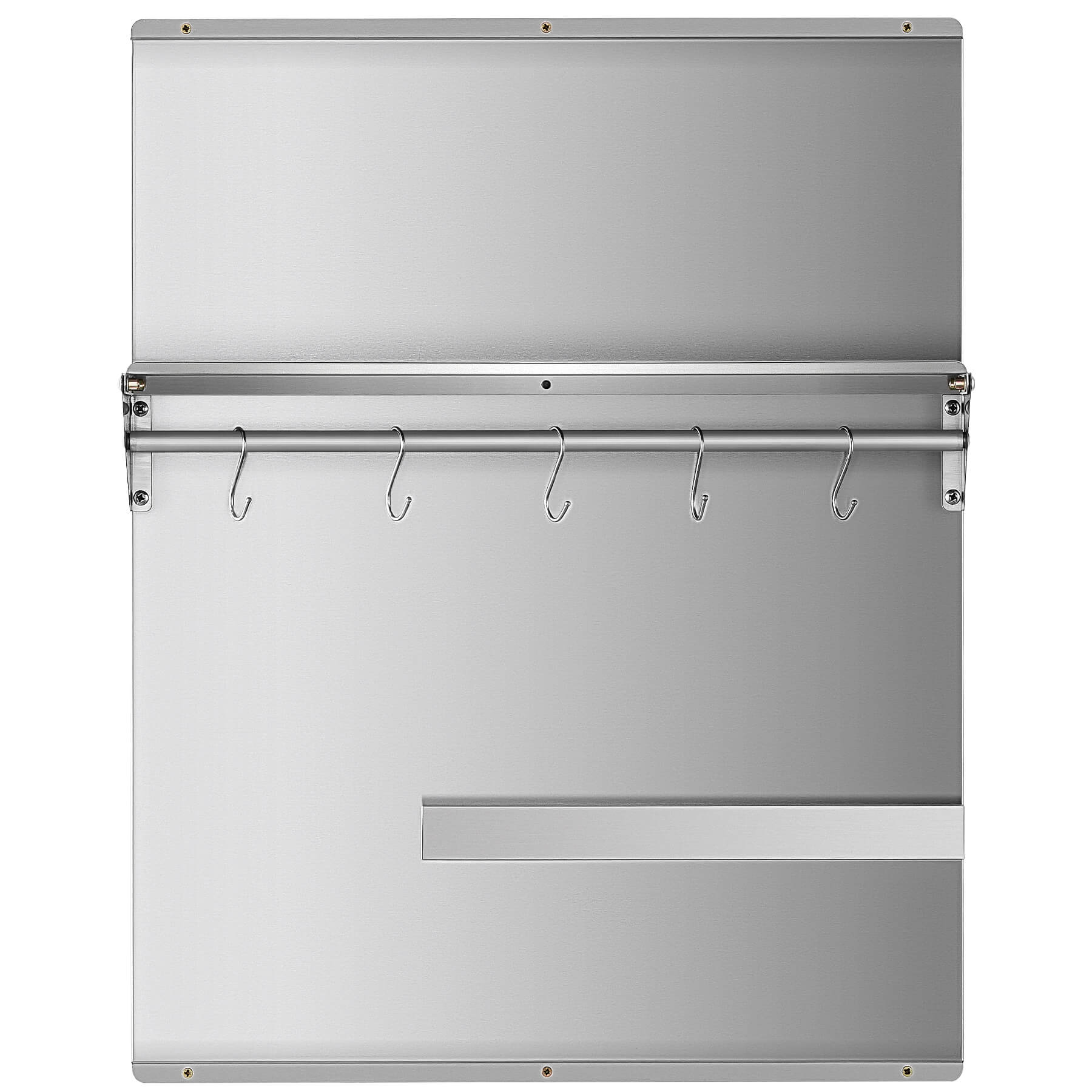 A 24x30 stainless steel backsplash with a magnetic knife rack and storage shelf, mounted on a wall.