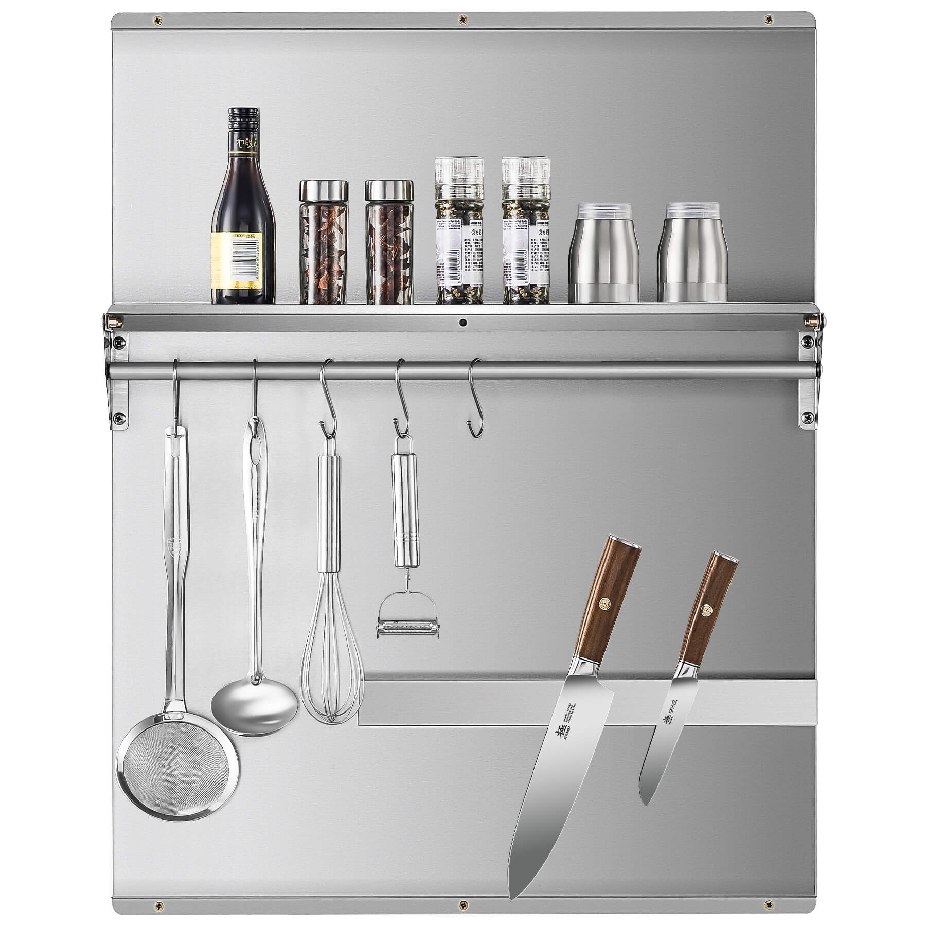 A 24x30 stainless steel backsplash with a magnetic knife rack and storage shelf, mounted on a wall.