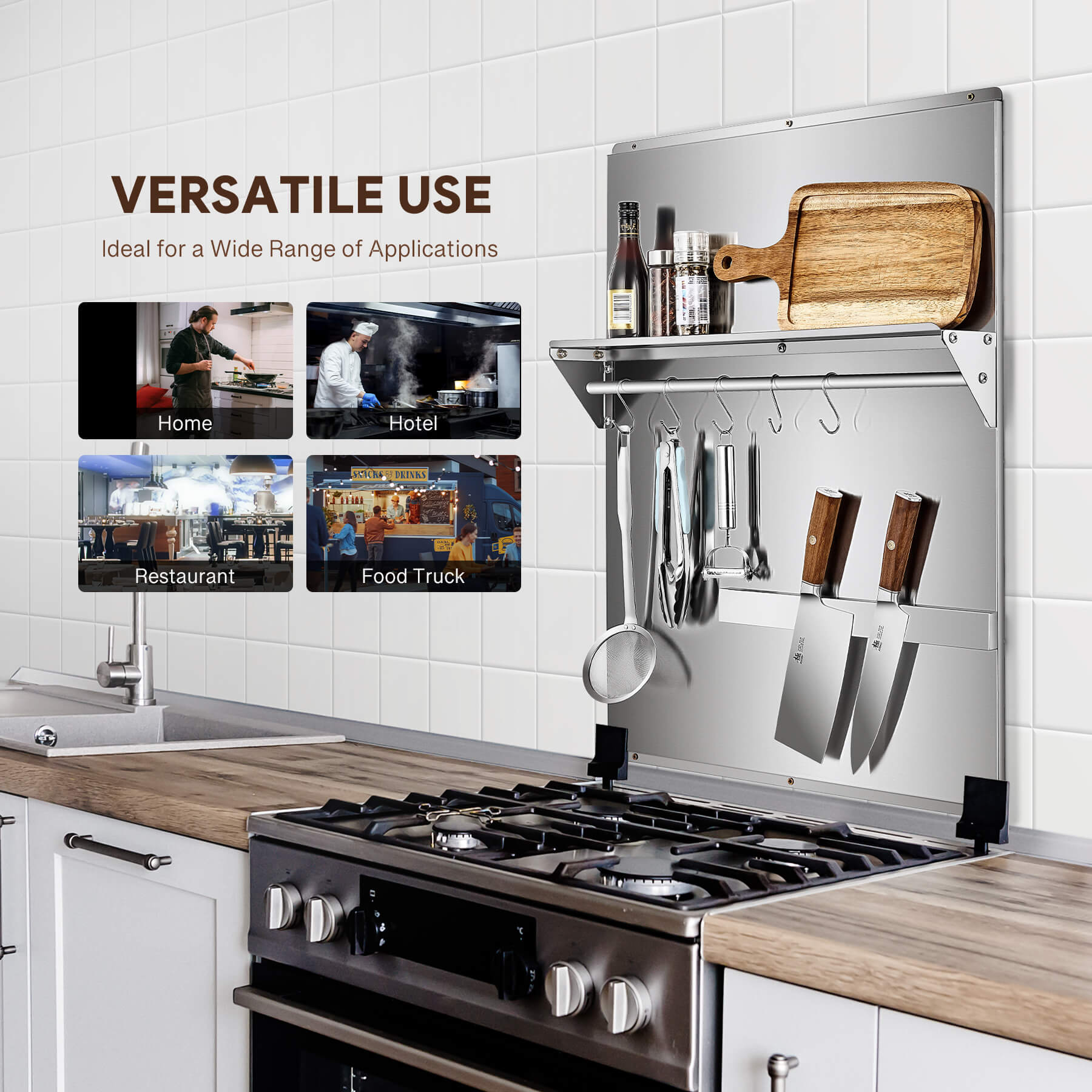 A 24x30 stainless steel backsplash with a magnetic knife rack and storage shelf, mounted on a wall.