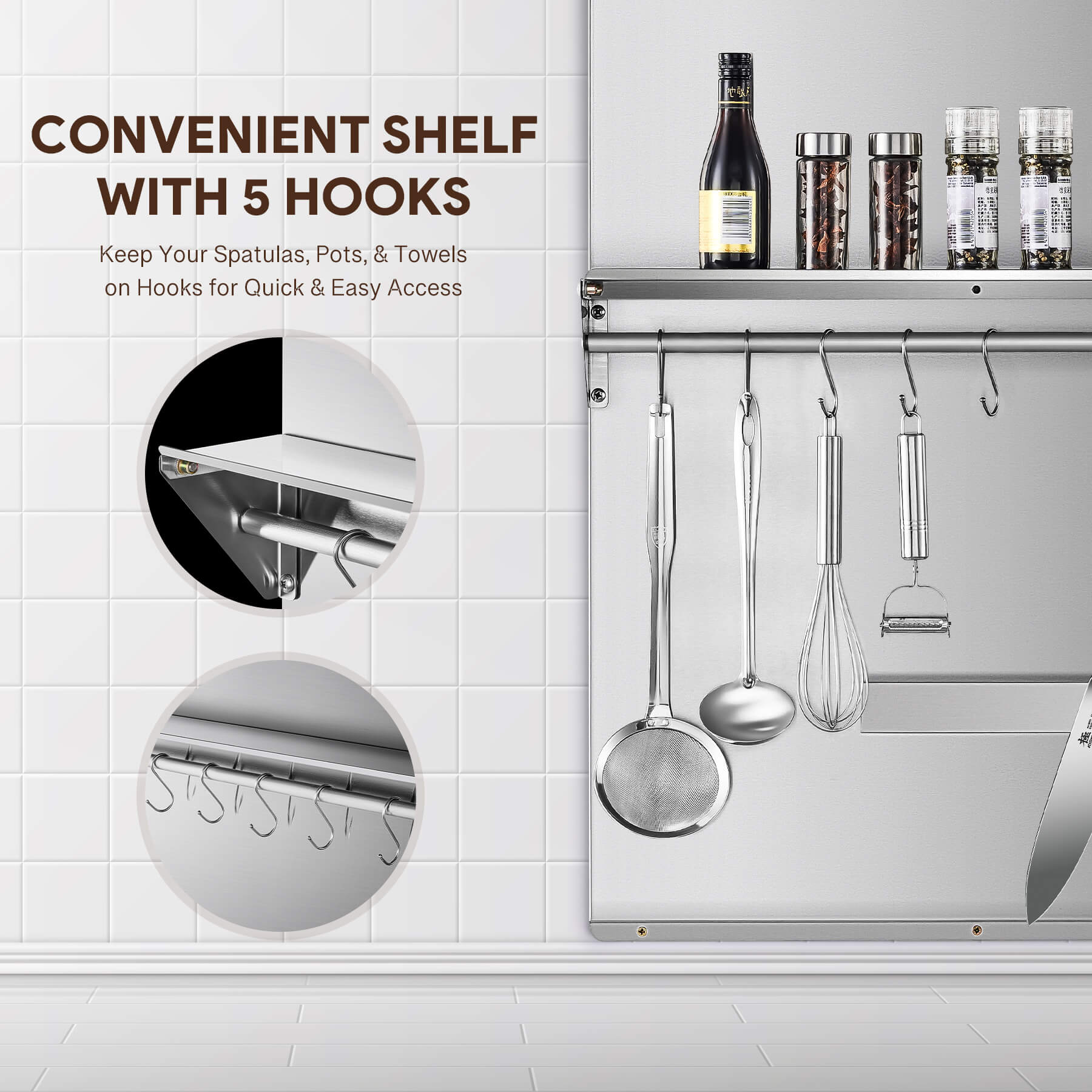A 24x30 stainless steel backsplash with a magnetic knife rack and storage shelf, mounted on a wall.