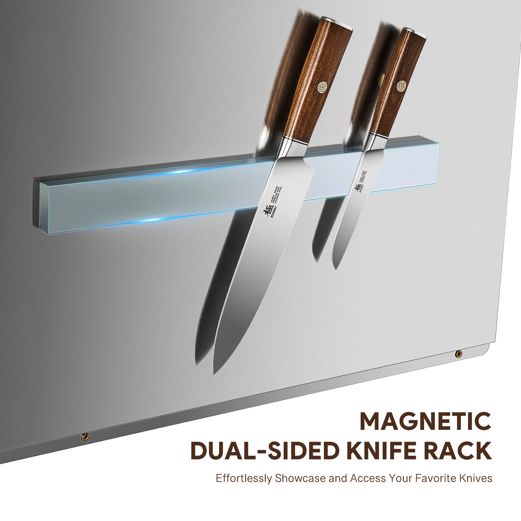 A 24x30 stainless steel backsplash with a magnetic knife rack and storage shelf, mounted on a wall.