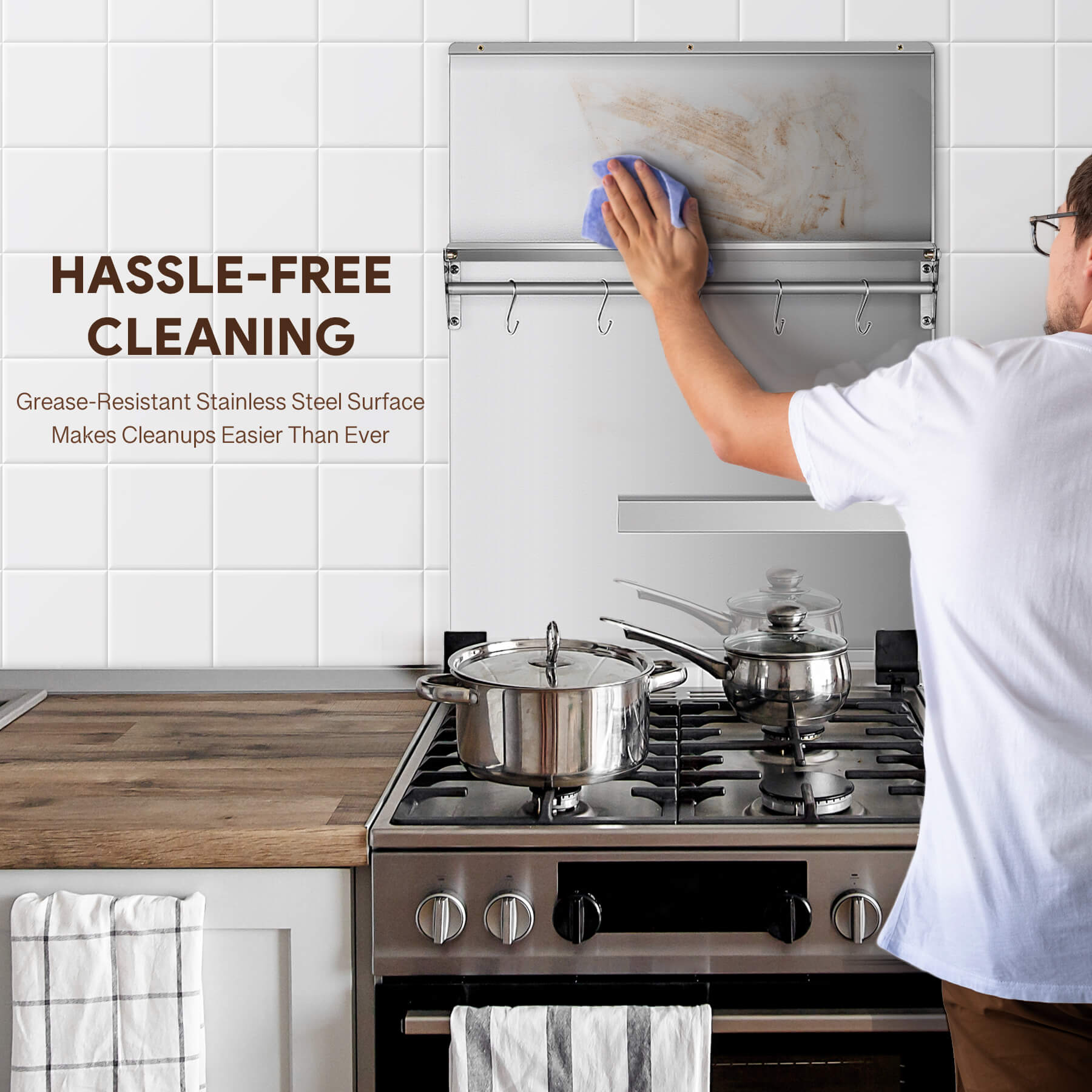 A 24x30 stainless steel backsplash with a magnetic knife rack and storage shelf, mounted on a wall.