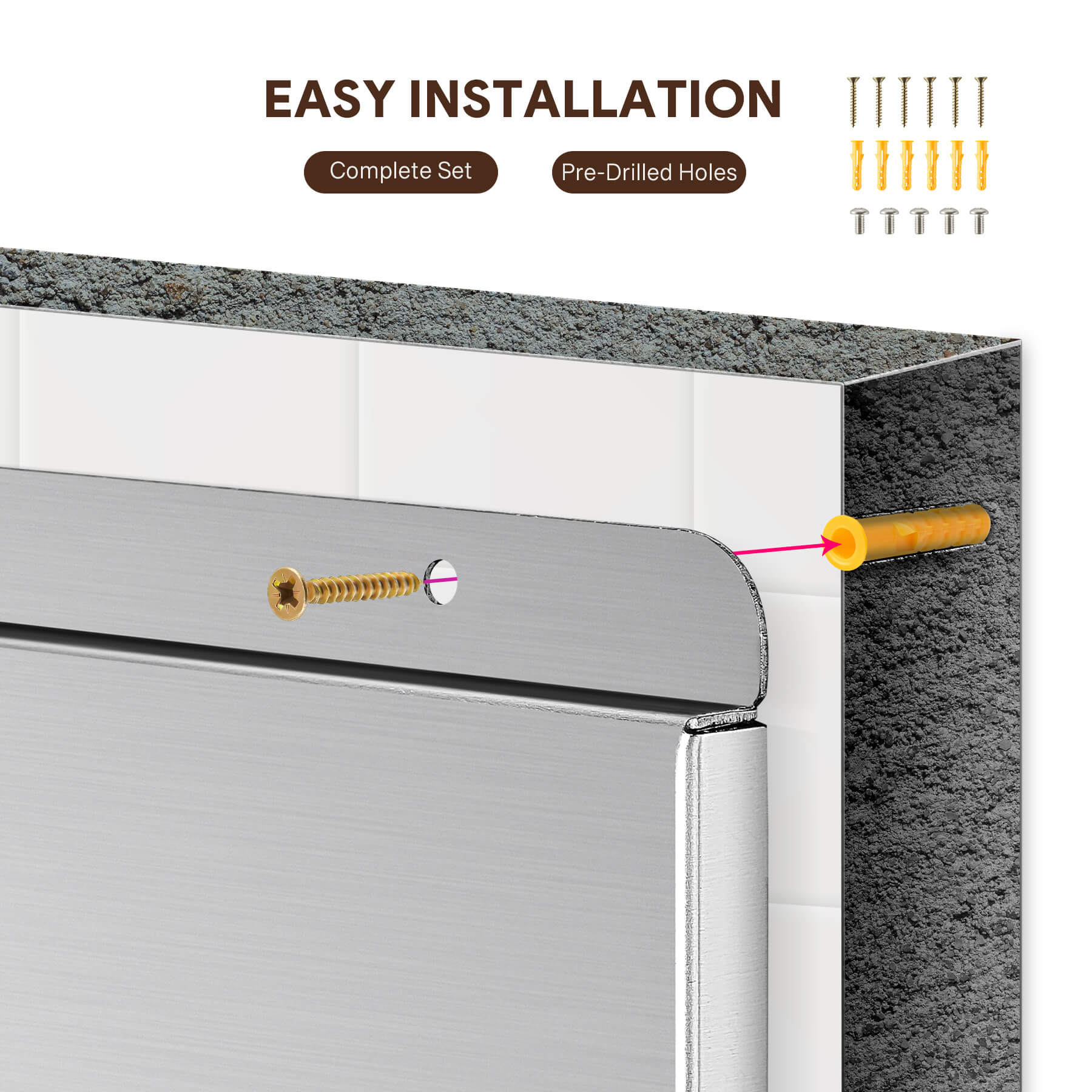 A 24x30 stainless steel backsplash with a magnetic knife rack and storage shelf, mounted on a wall.
