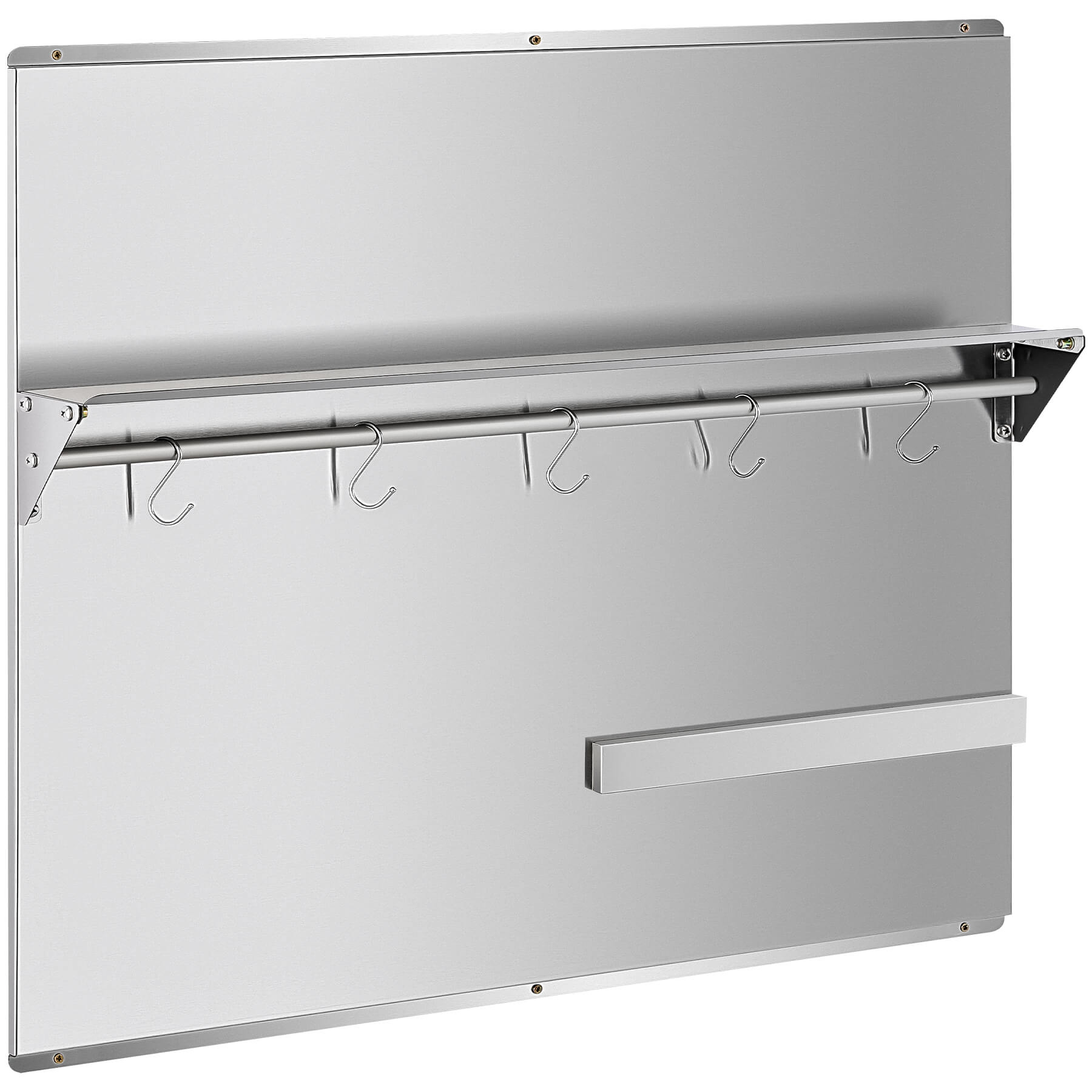 A 36x30 stainless steel backsplash with a magnetic knife rack and storage shelf attached to the wall.