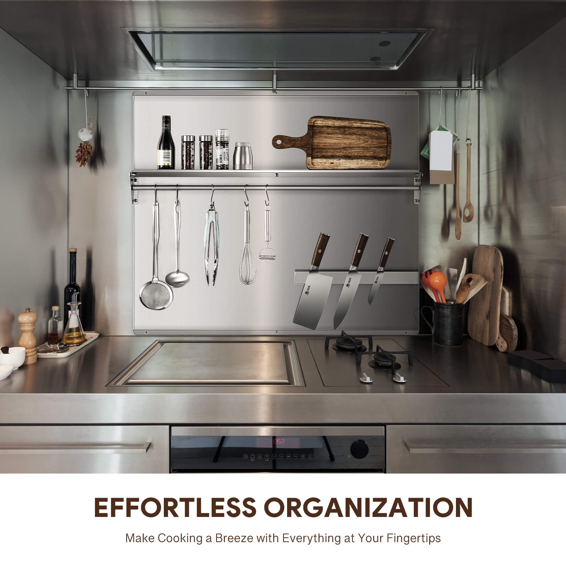 A 36x30 stainless steel backsplash with a magnetic knife rack and storage shelf attached to the wall.