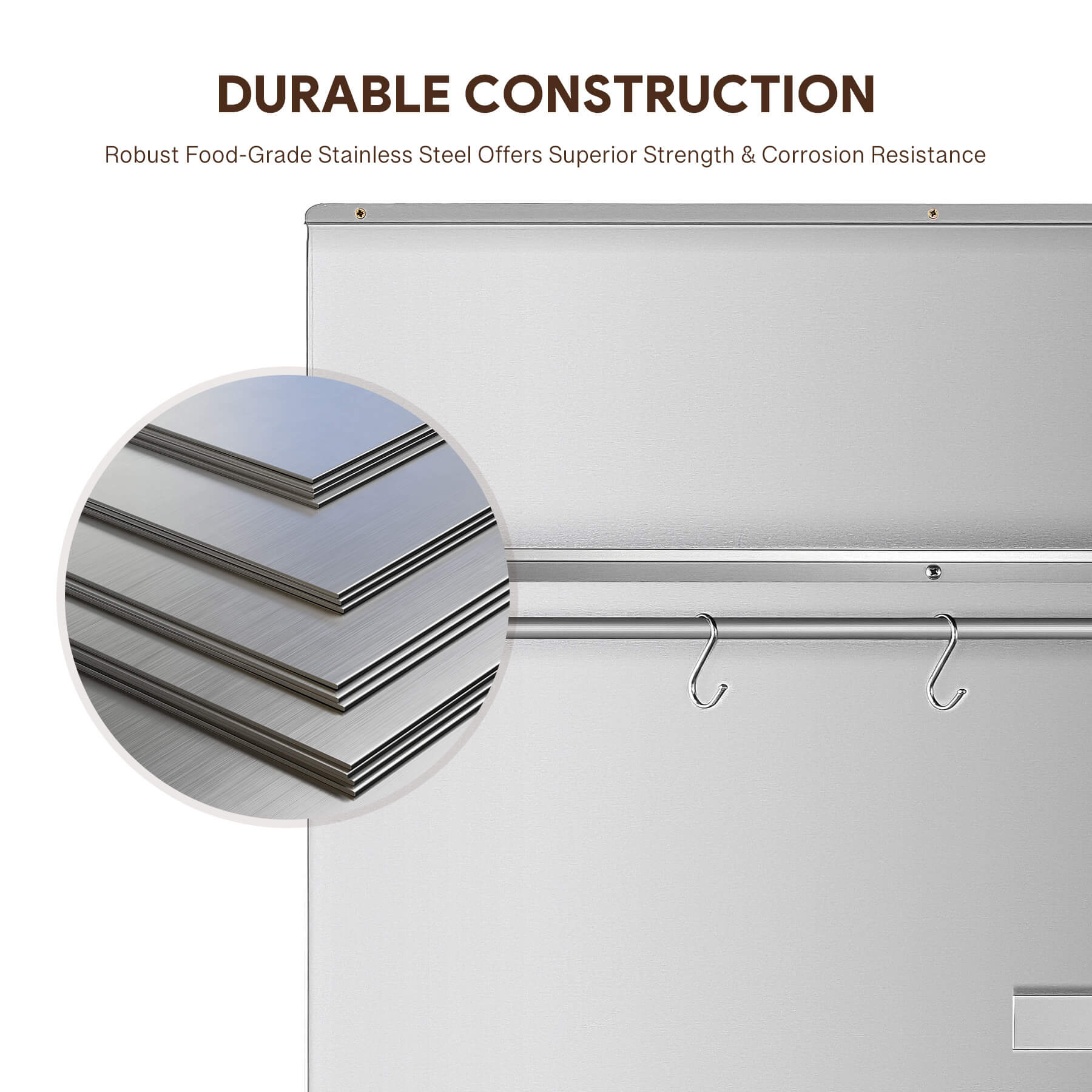 A 36x30 stainless steel backsplash with a magnetic knife rack and storage shelf attached to the wall.