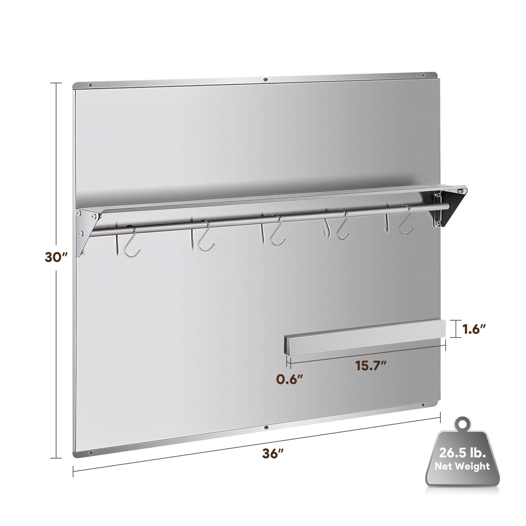 A 36x30 stainless steel backsplash with a magnetic knife rack and storage shelf attached to the wall.