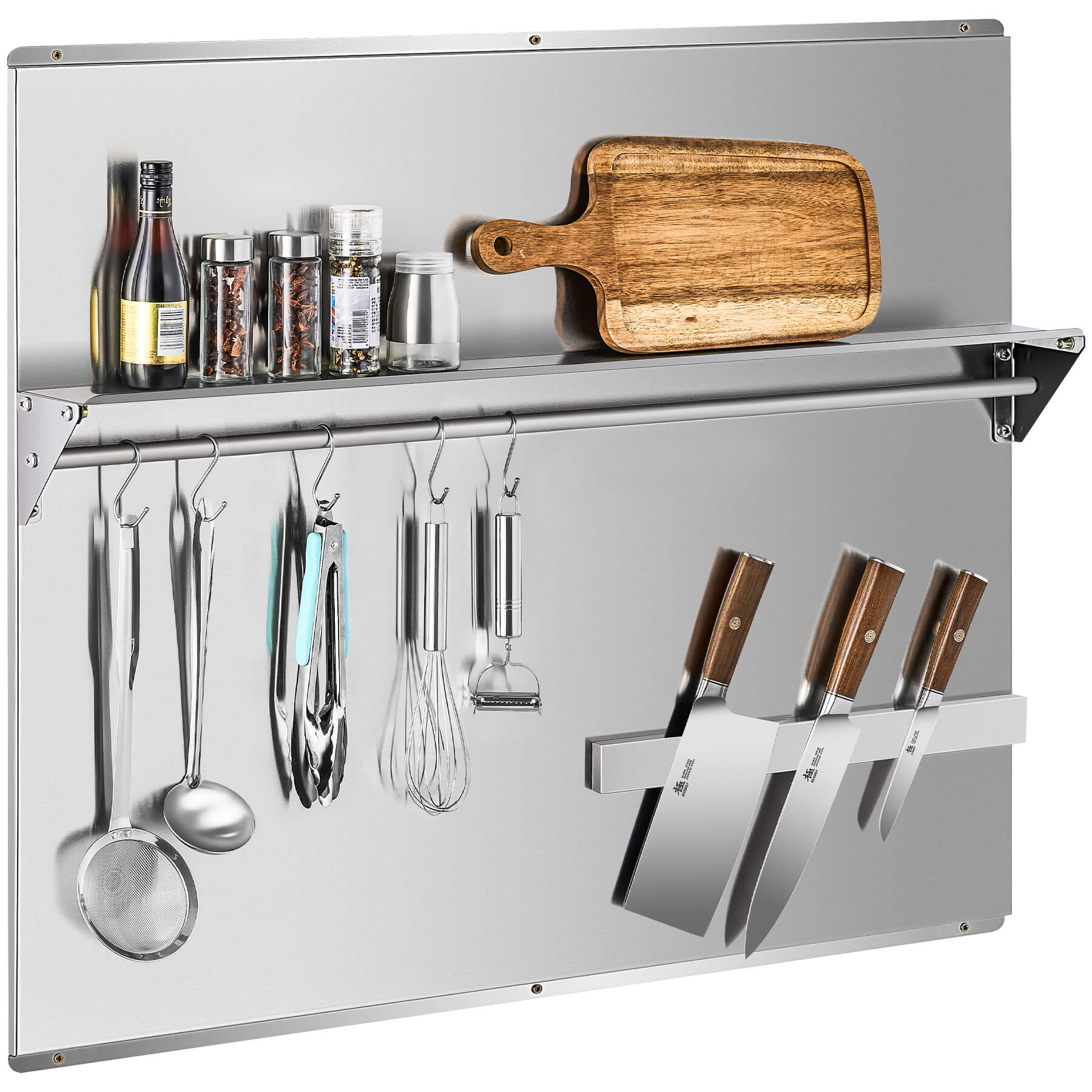 A 36x30 stainless steel backsplash with a magnetic knife rack and storage shelf attached to the wall.