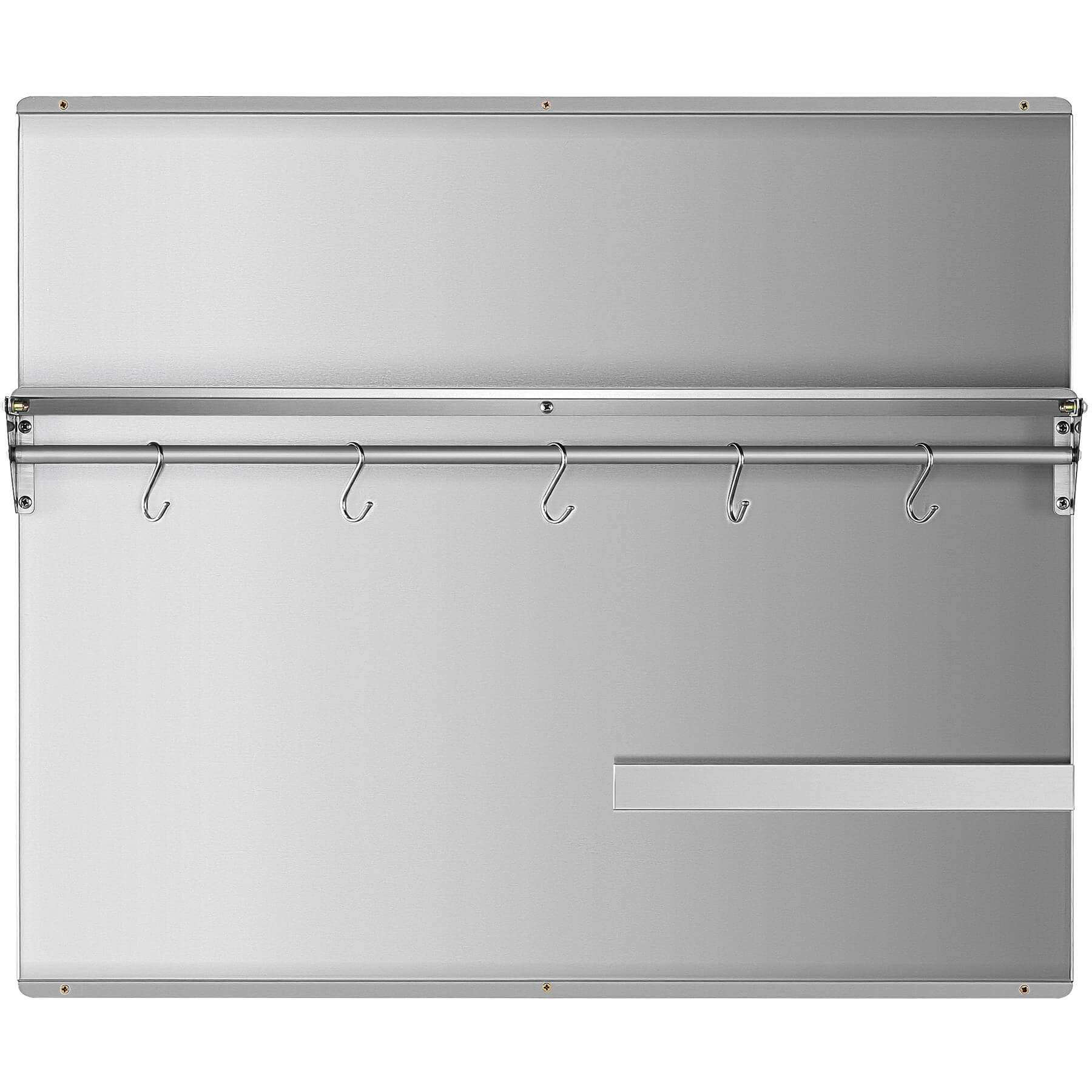 A 36x30 stainless steel backsplash with a magnetic knife rack and storage shelf attached to the wall.