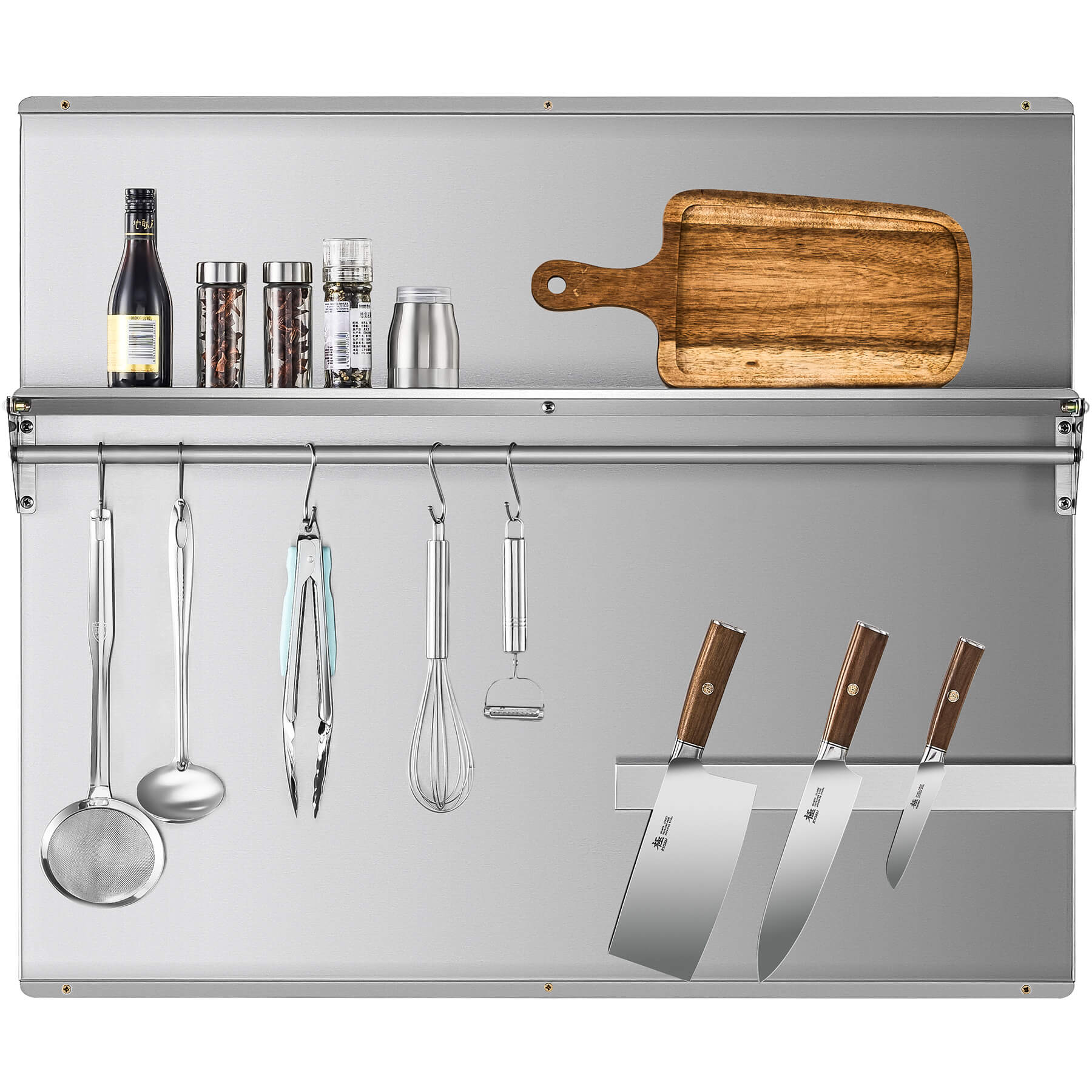A 36x30 stainless steel backsplash with a magnetic knife rack and storage shelf attached to the wall.