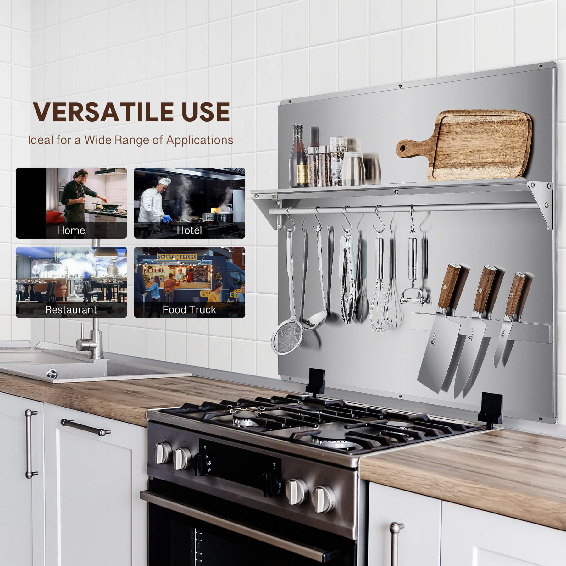 A 36x30 stainless steel backsplash with a magnetic knife rack and storage shelf attached to the wall.