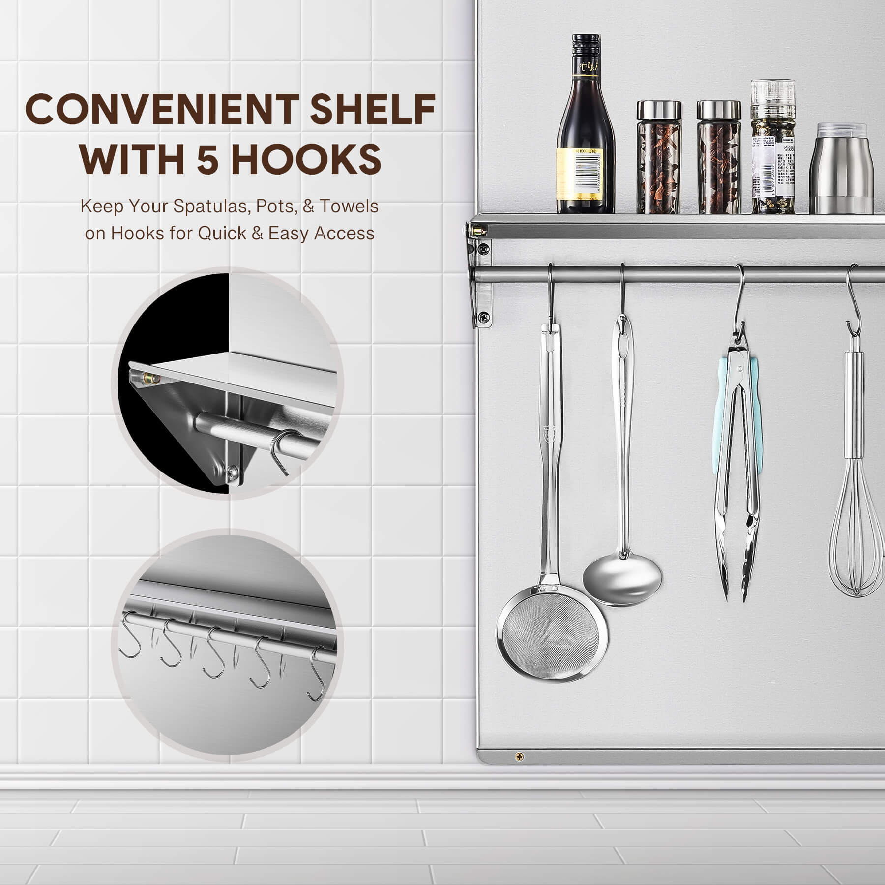 A 36x30 stainless steel backsplash with a magnetic knife rack and storage shelf attached to the wall.