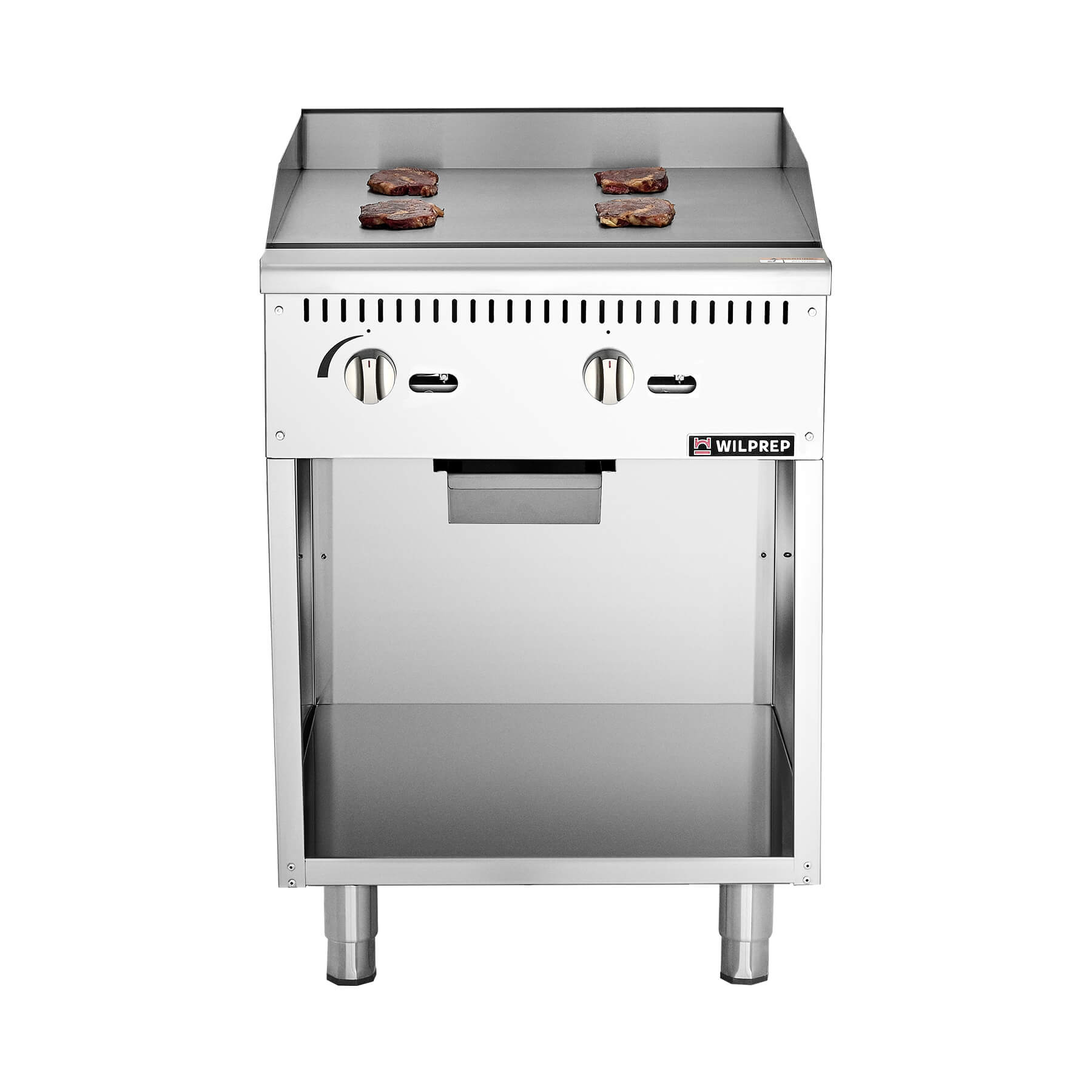 A 24-inch commercial gas griddle with two burners, a cabinet base, and knobs for control, made of stainless steel.