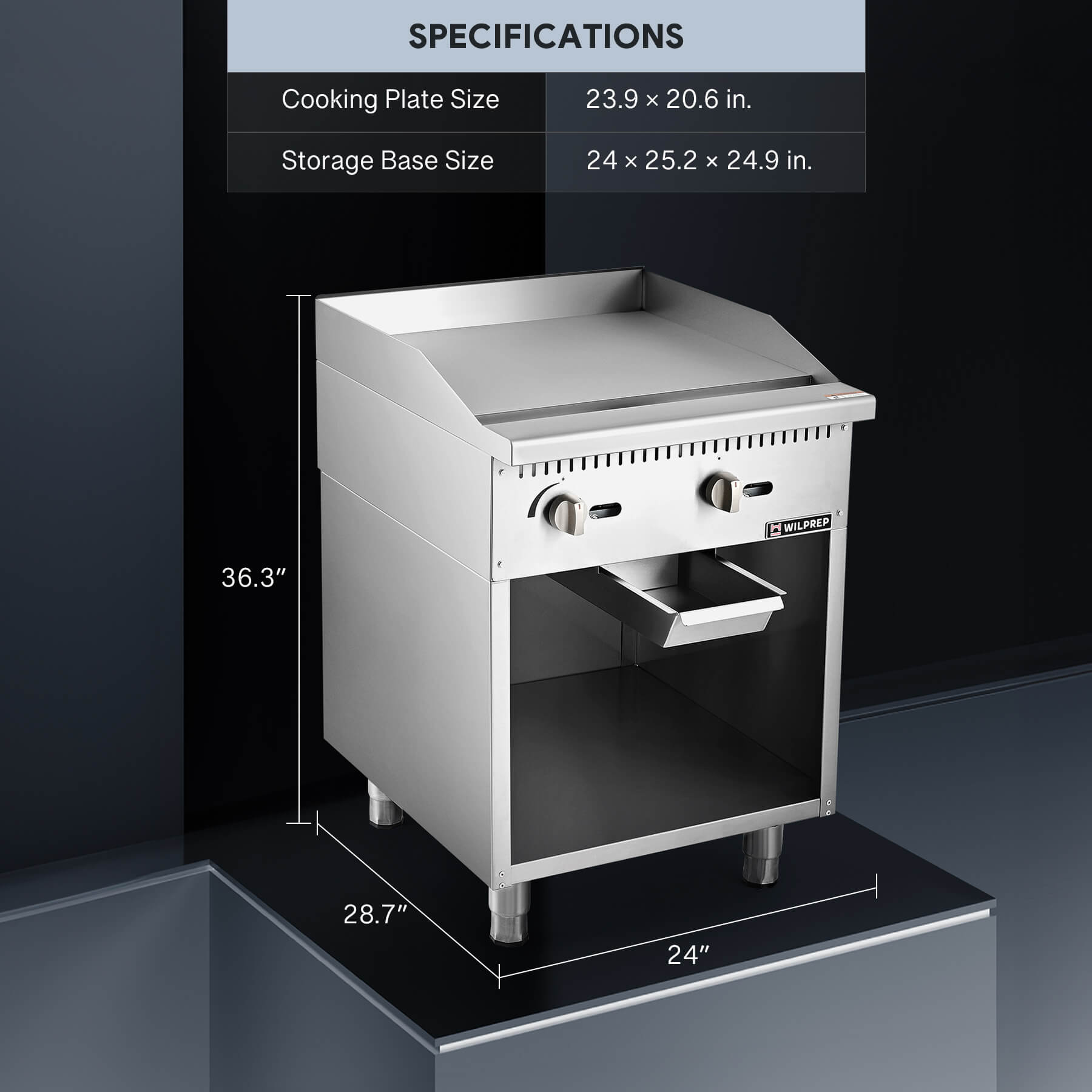 A 24-inch commercial gas griddle with two burners, a cabinet base, and knobs for control, made of stainless steel.