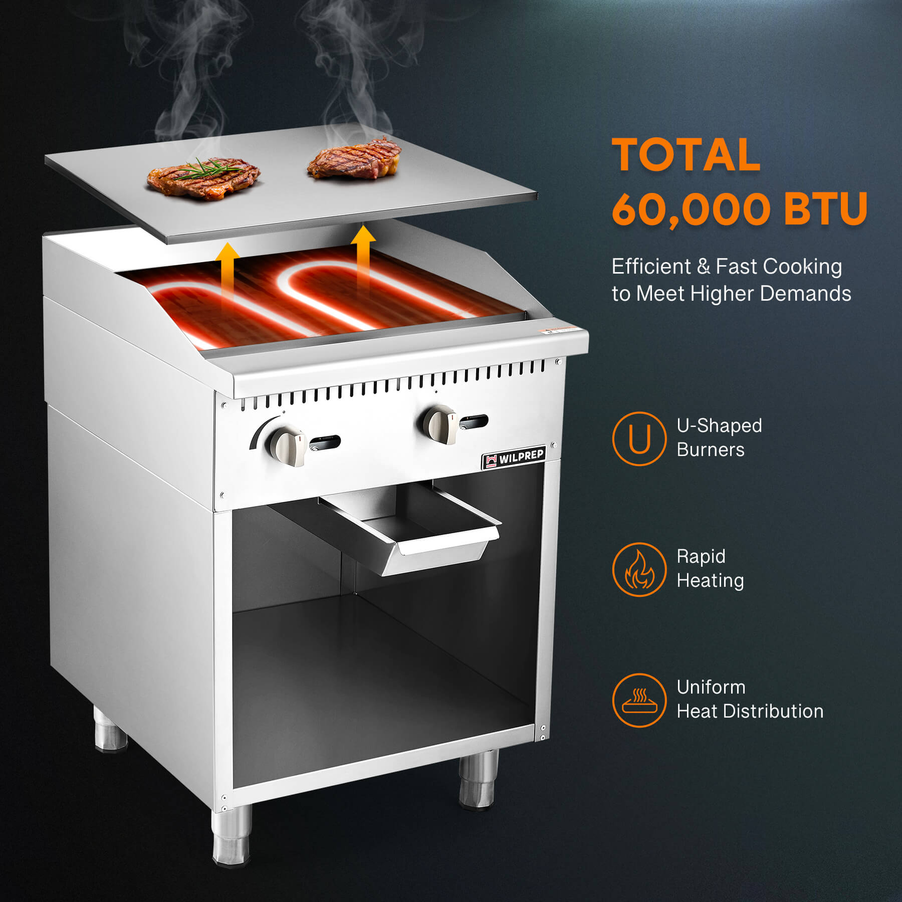 A 24-inch commercial gas griddle with two burners, a cabinet base, and knobs for control, made of stainless steel.
