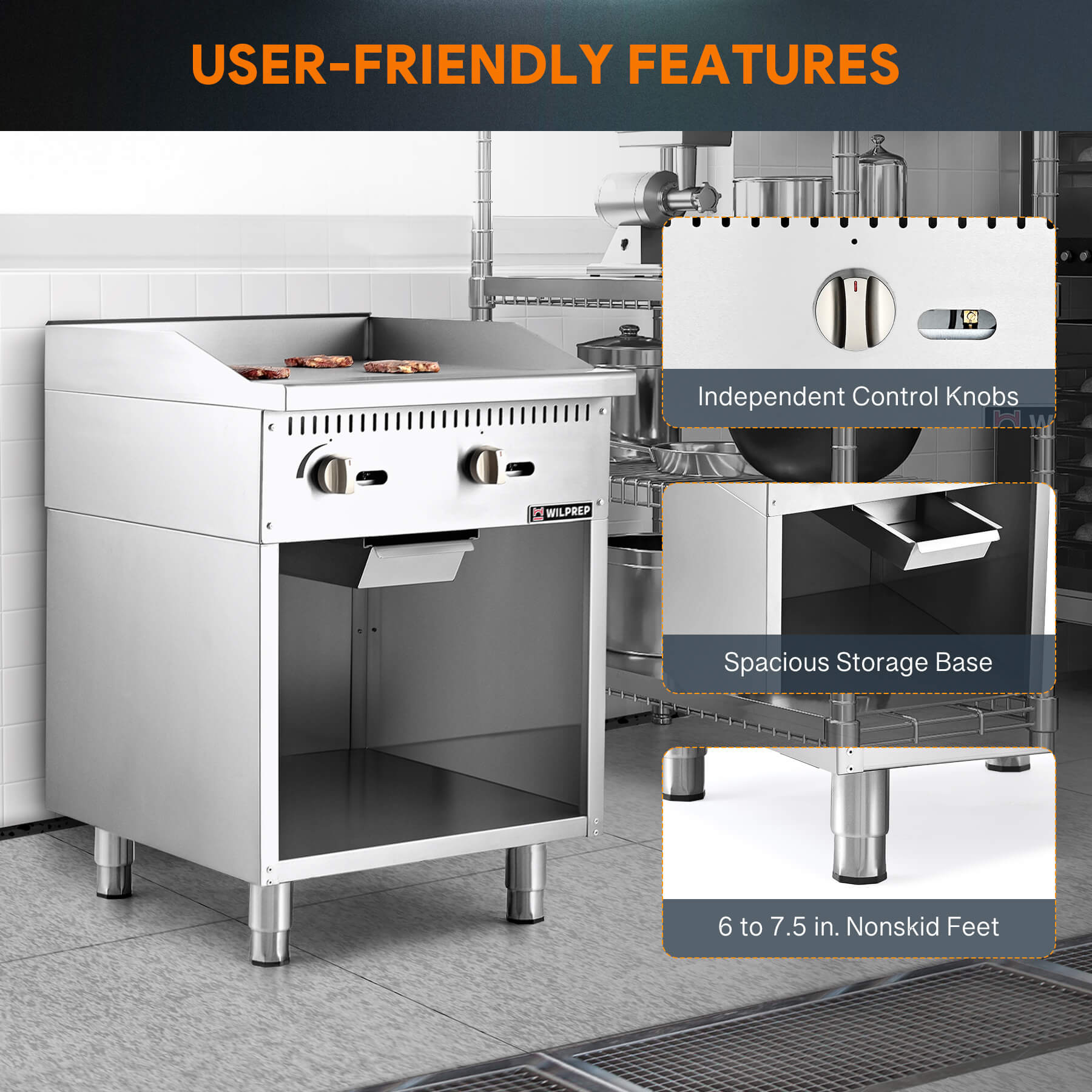 A 24-inch commercial gas griddle with two burners, a cabinet base, and knobs for control, made of stainless steel.