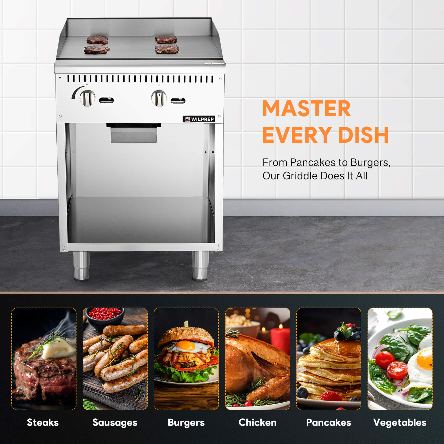 A 24-inch commercial gas griddle with two burners, a cabinet base, and knobs for control, made of stainless steel.