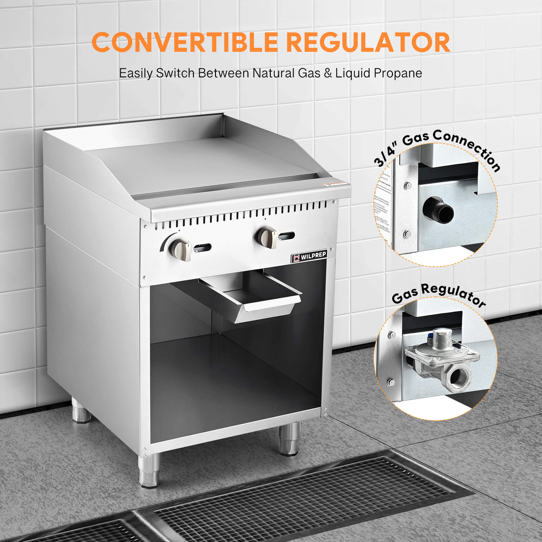 A 24-inch commercial gas griddle with two burners, a cabinet base, and knobs for control, made of stainless steel.