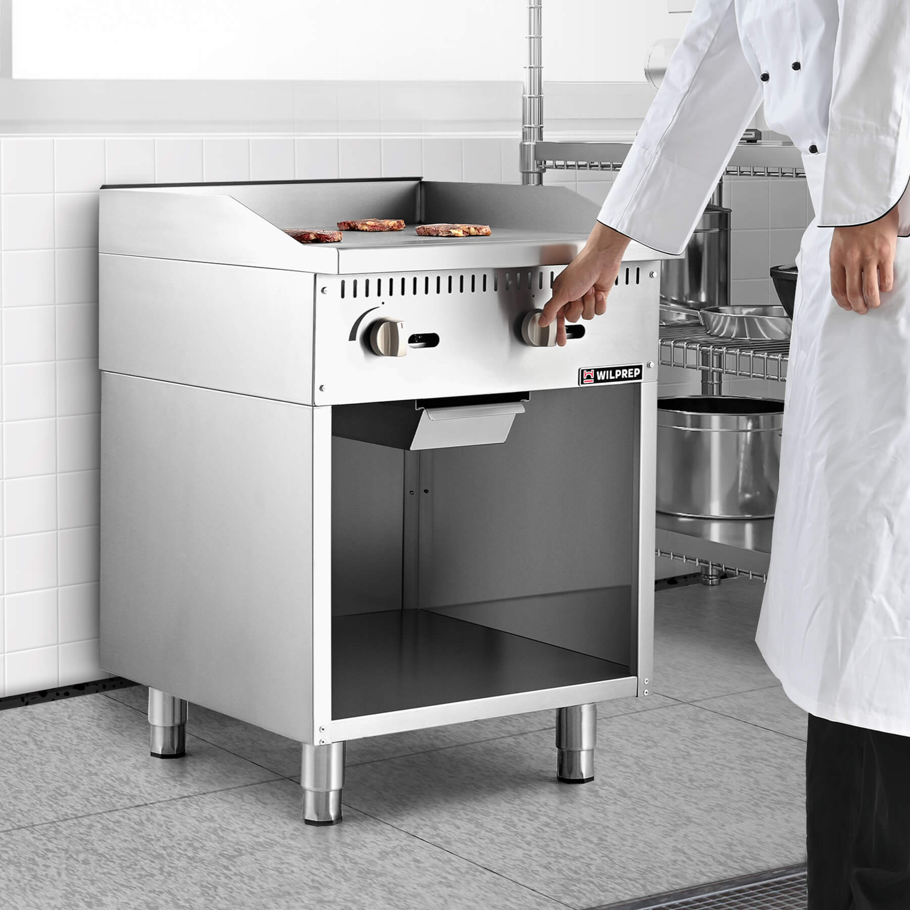 A 24-inch commercial gas griddle with two burners, a cabinet base, and knobs for control, made of stainless steel.