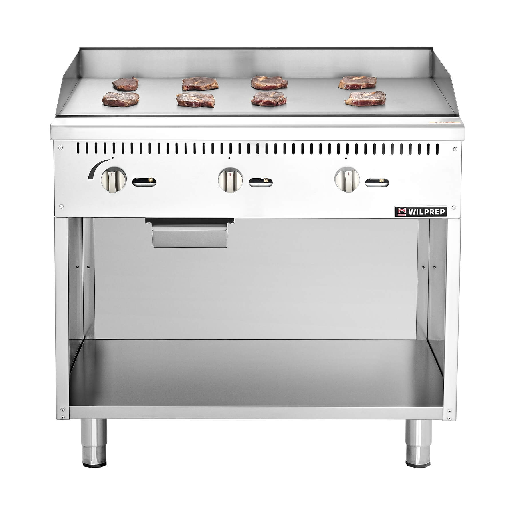 A 36 inch commercial gas griddle with cabinet base, featuring multiple knobs for control and a stainless steel finish.